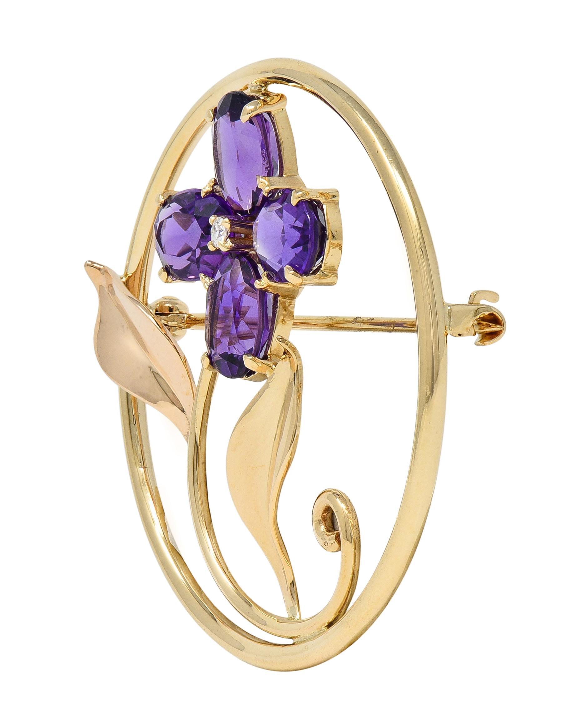 Modern Tiffany & Co. Mid-Century 14 Karat Yellow Gold Vintage Flower Circle Brooch For Sale