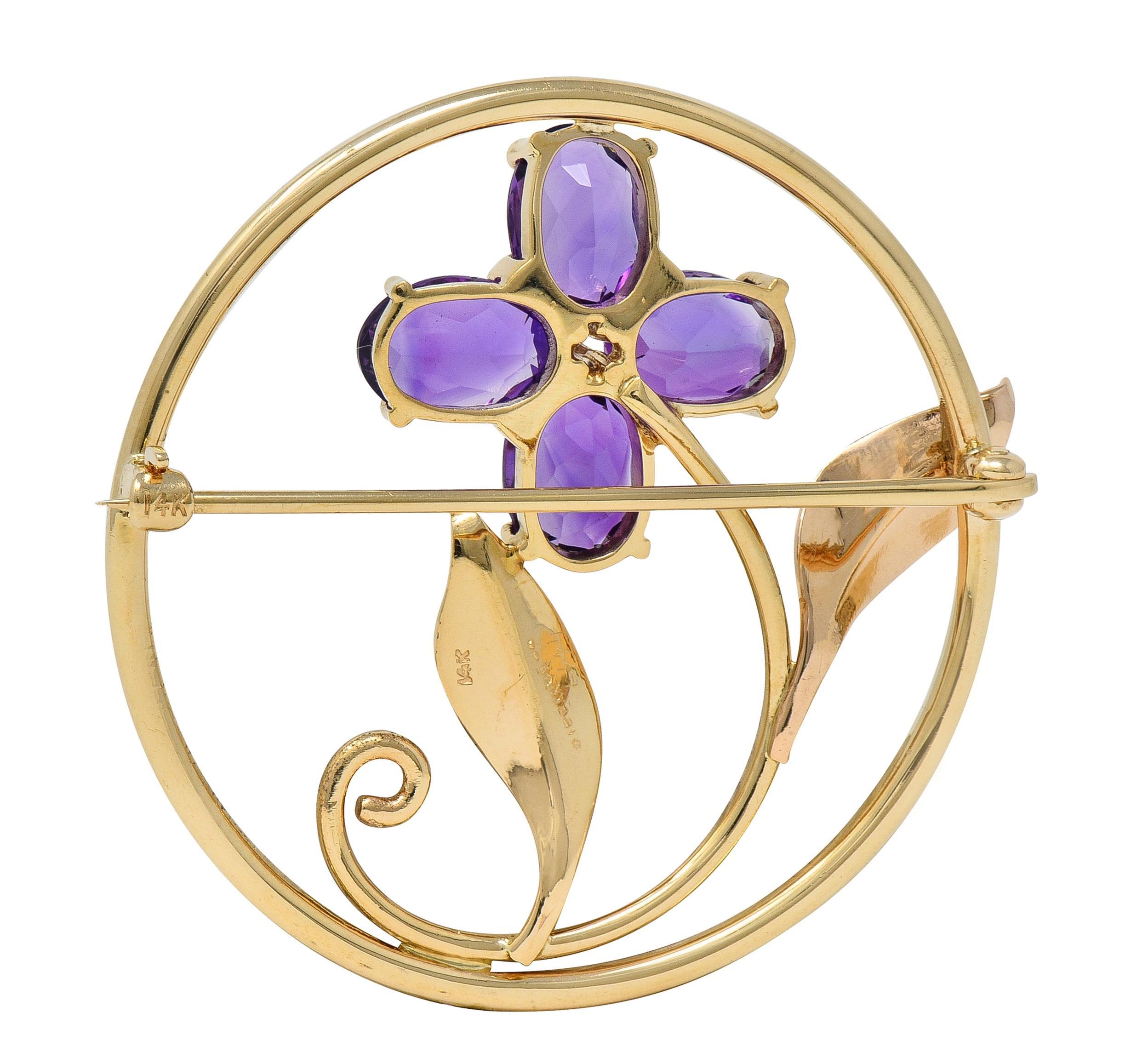 Oval Cut Tiffany & Co. Mid-Century 14 Karat Yellow Gold Vintage Flower Circle Brooch For Sale