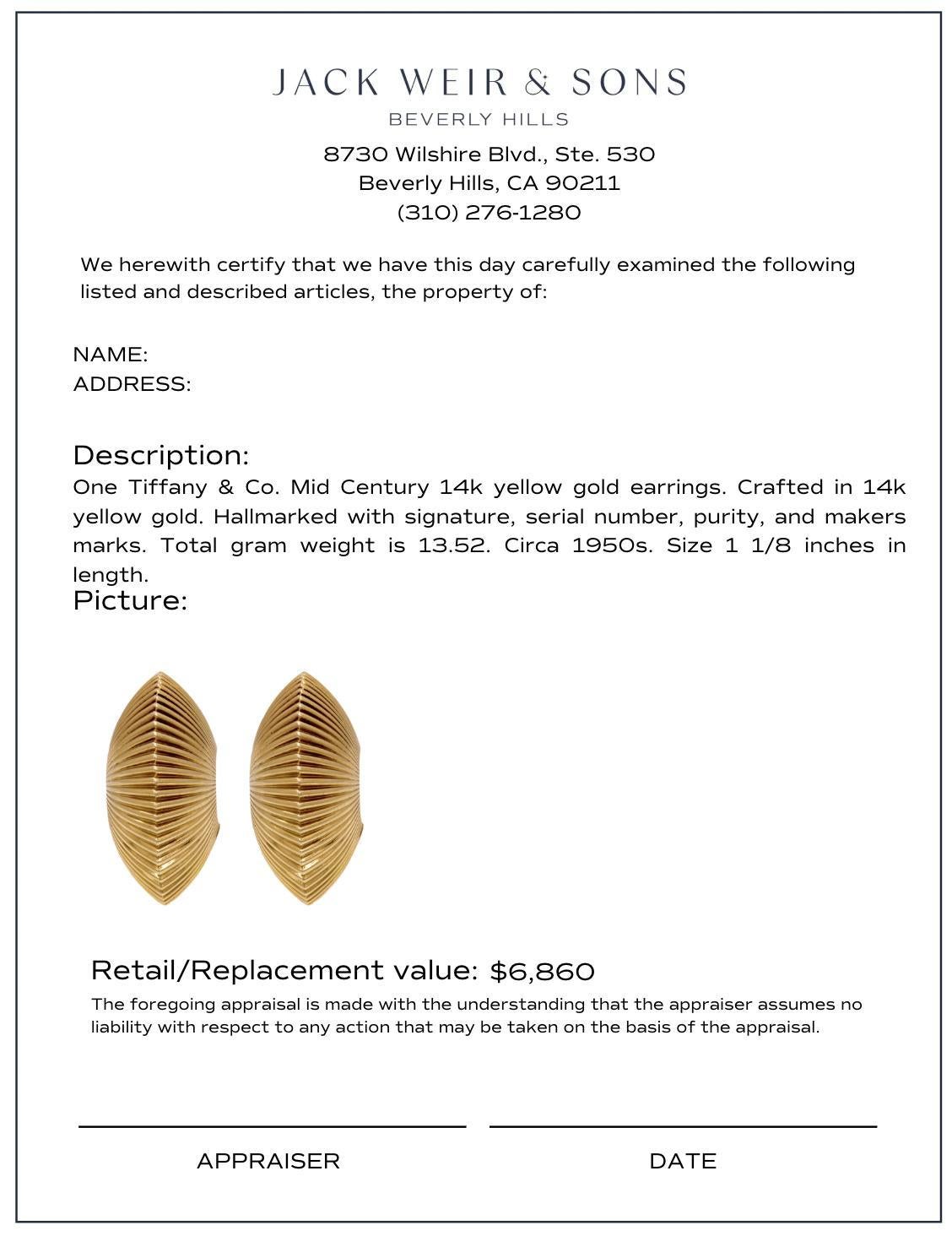 Tiffany & Co. mid century 14k yellow gold fluted 