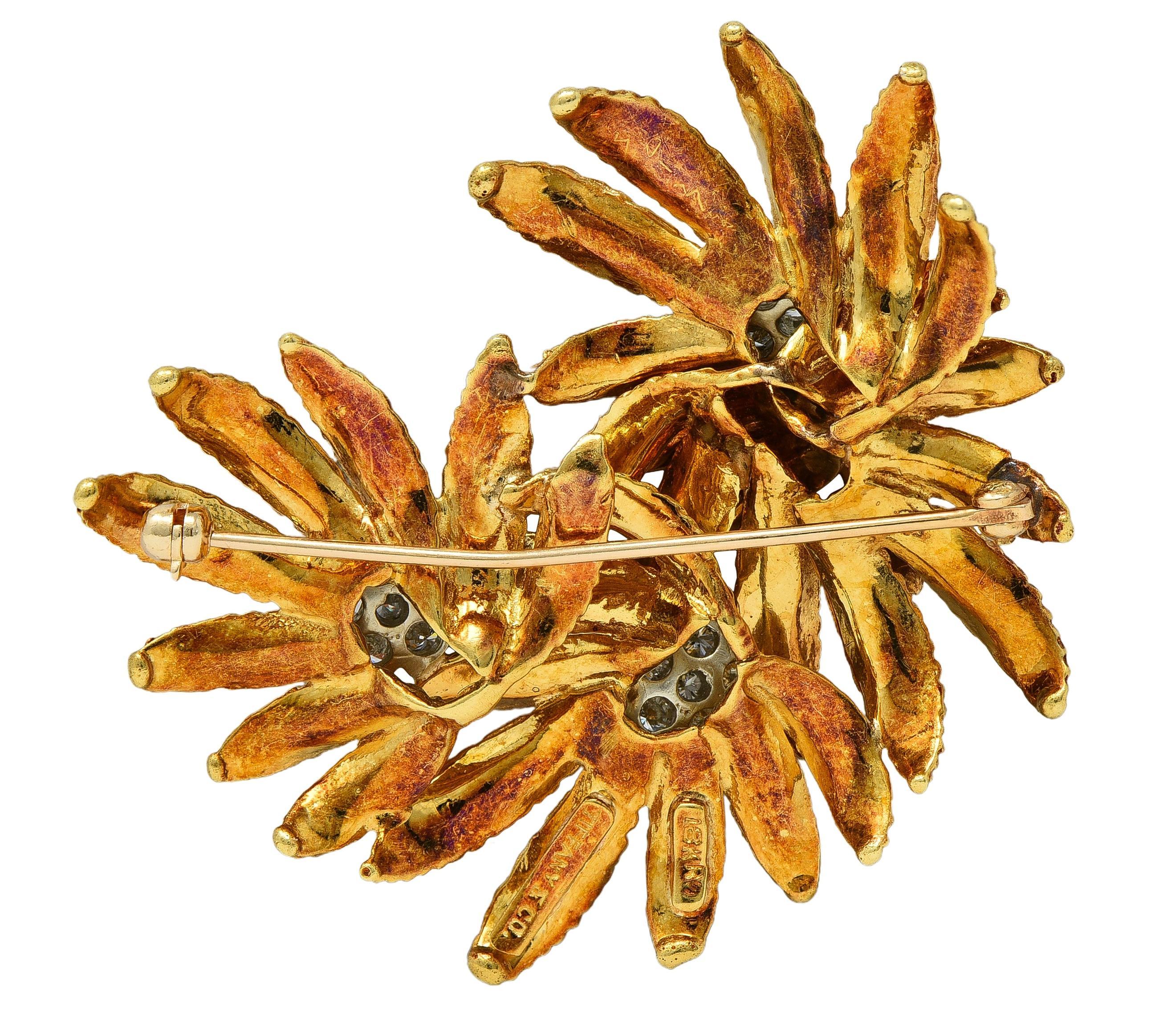 Round Cut Tiffany & Co. Mid-Century 1.53 CTW Diamond 18 Karat Gold Vintage Flower Brooch For Sale
