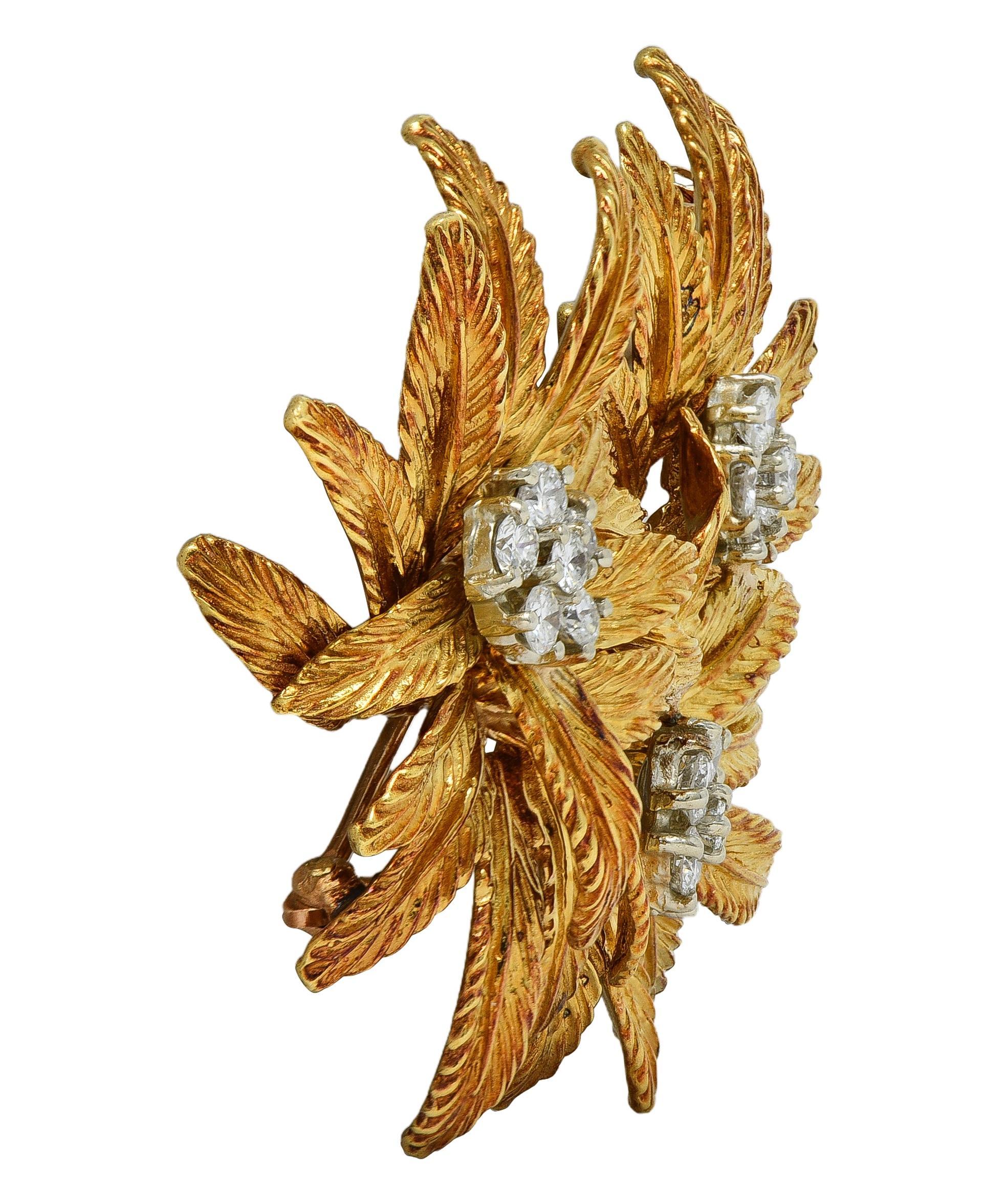 Tiffany & Co. Mid-Century 1.53 CTW Diamond 18 Karat Gold Vintage Flower Brooch In Excellent Condition For Sale In Philadelphia, PA