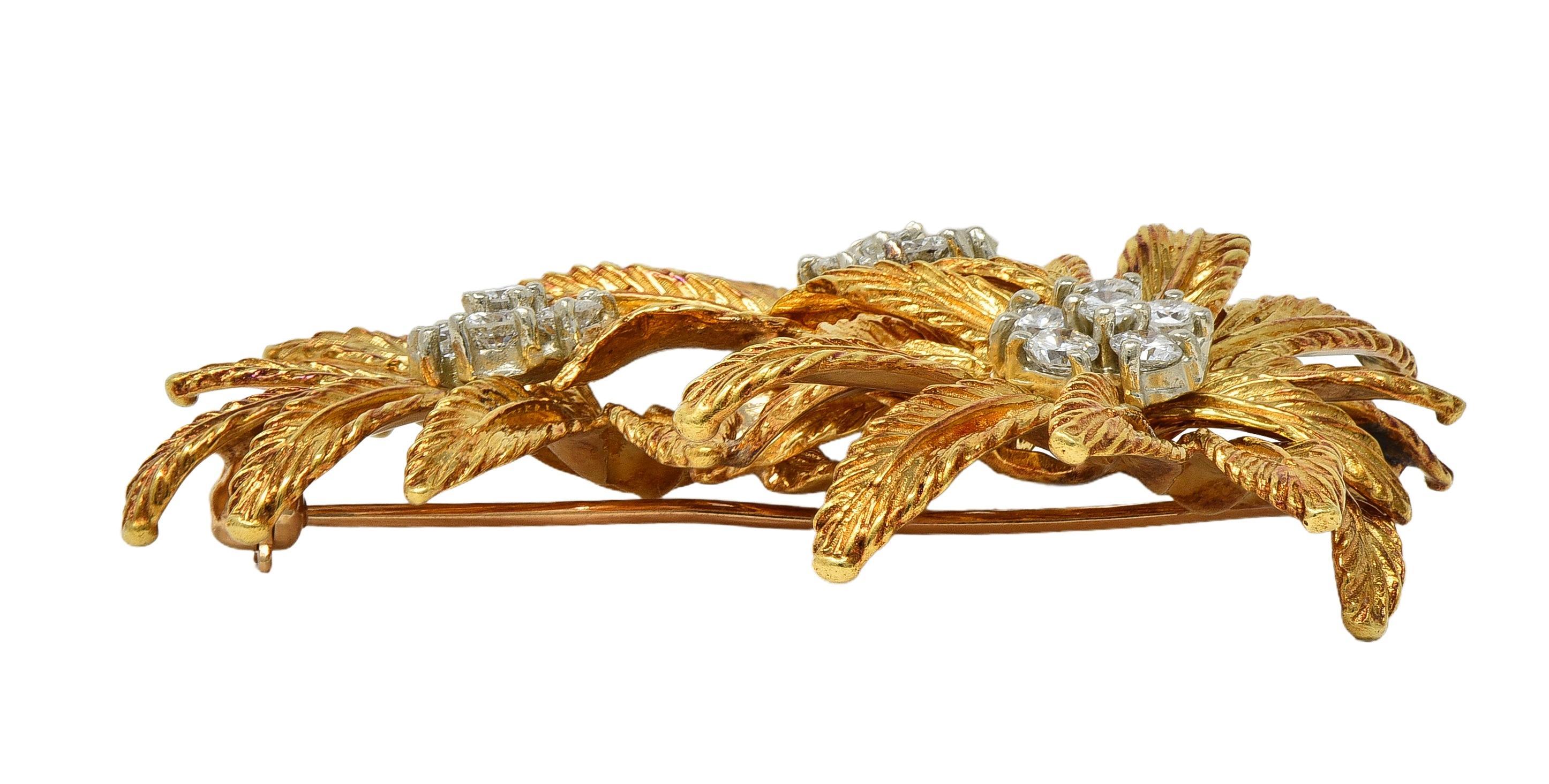 Tiffany & Co. Mid-Century 1.53 CTW Diamond 18 Karat Gold Vintage Flower Brooch For Sale 2
