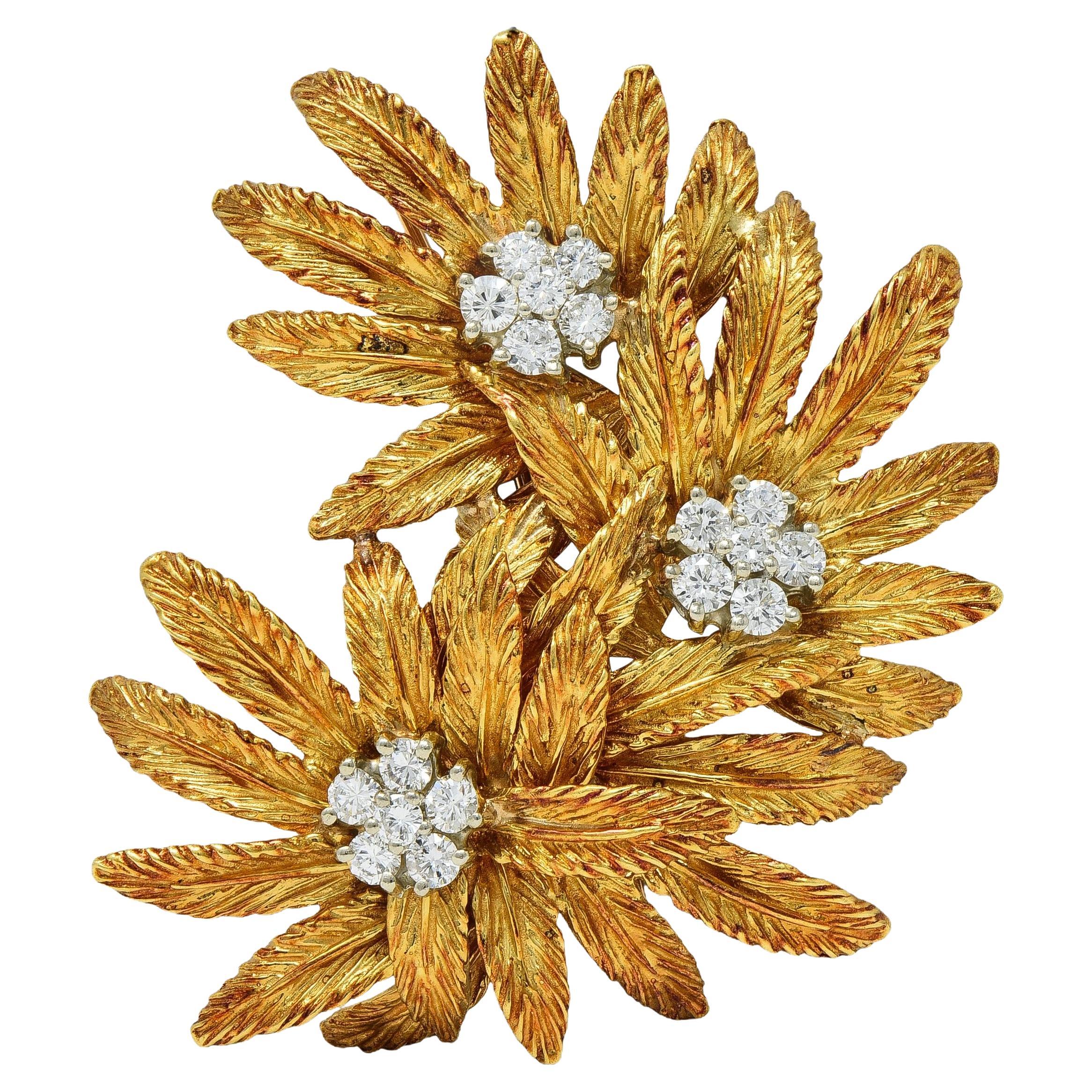 Tiffany & Co. Broche flor vintage de oro de 18 quilates y 1,53 quilates de diamantes de mediados de siglo