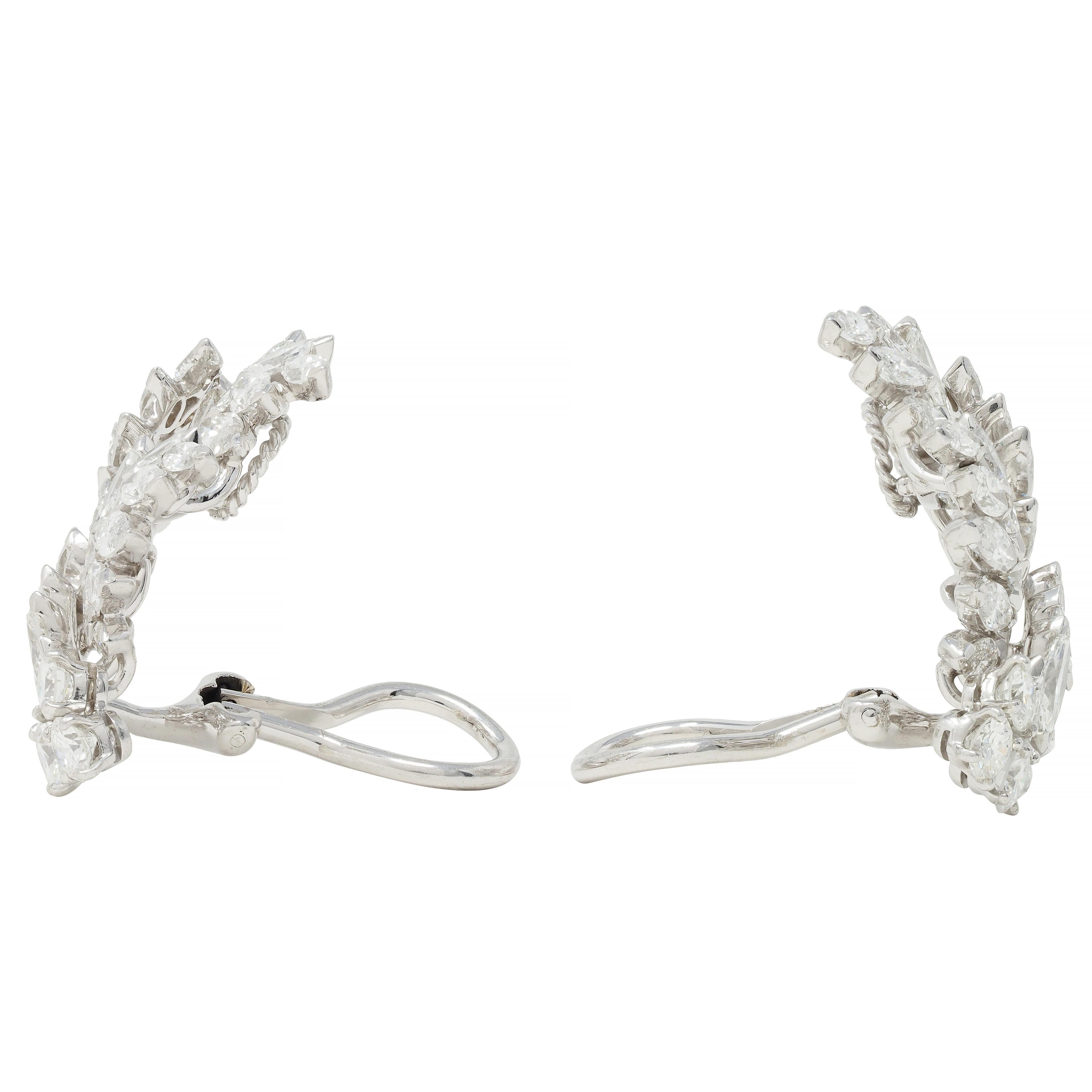 Women's or Men's Tiffany & Co. Mid-Century 4.14 CTW Diamond Platinum Foliate Spray Earrings For Sale