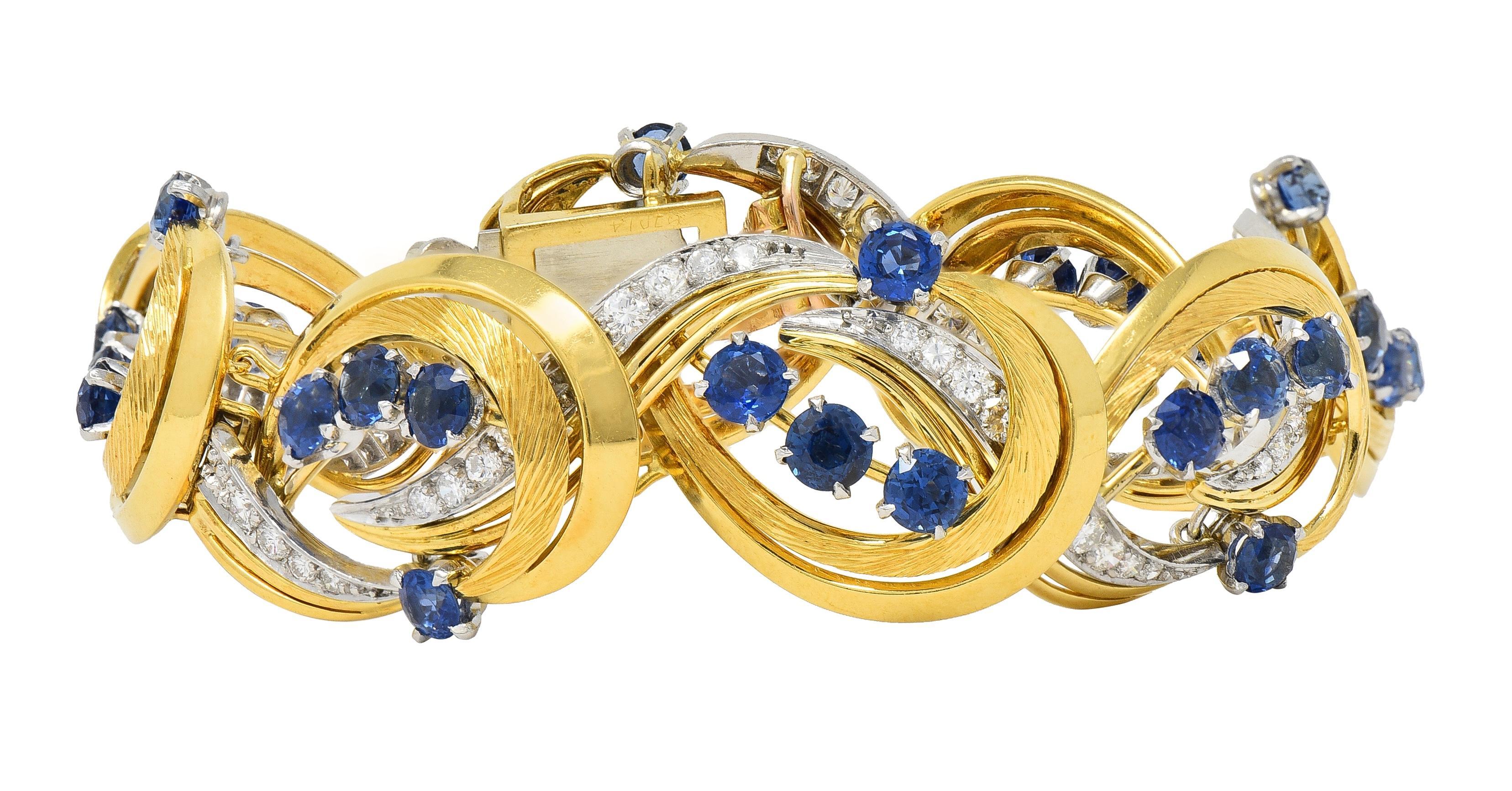 Taille ronde Tiffany & Co. Bracelet en platine 18 carats avec saphirs et diamants 9,04 carats, milieu du siècle dernier en vente