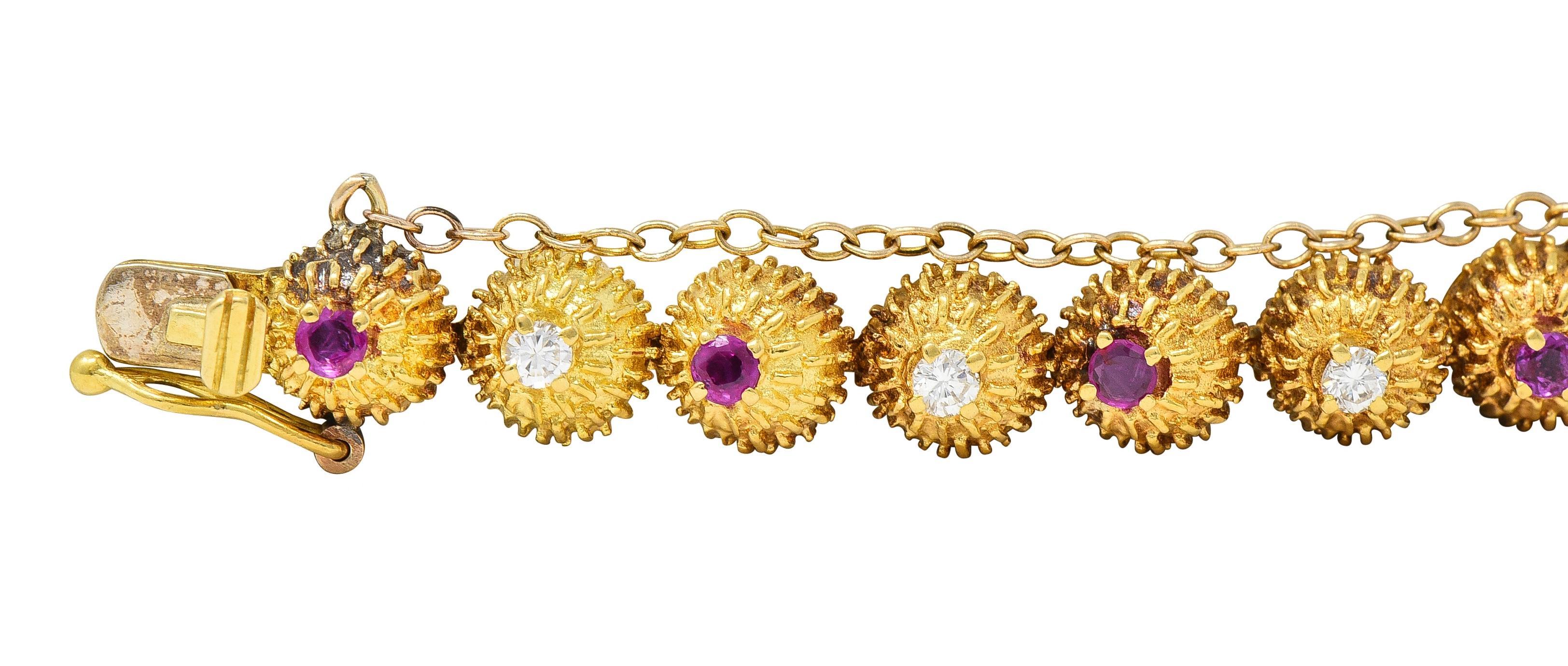 Round Cut Tiffany & Co. Mid-Century Diamond Ruby 18 Karat Gold Vintage Cactus Bracelet For Sale