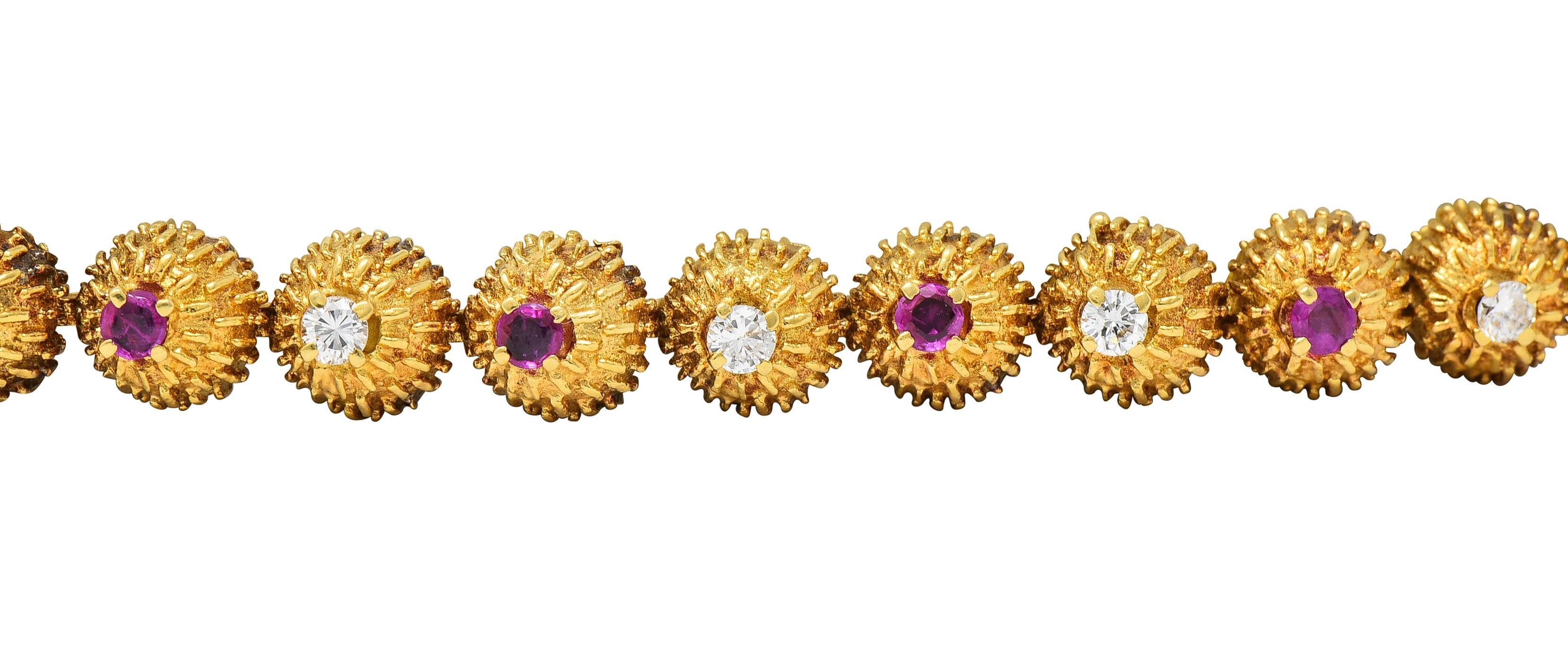 Round Cut Tiffany & Co. Mid-Century Diamond Ruby 18 Karat Gold Vintage Cactus Bracelet