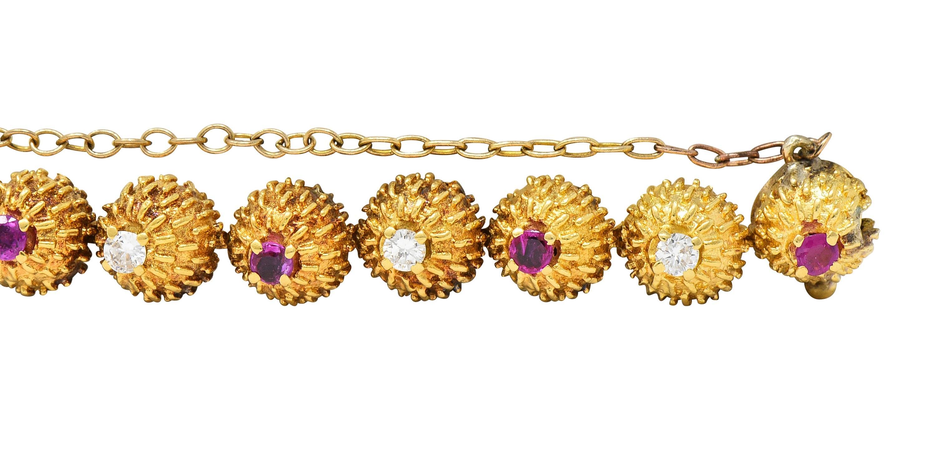 Tiffany & Co. Mid-Century Diamond Ruby 18 Karat Gold Vintage Cactus Bracelet In Excellent Condition In Philadelphia, PA