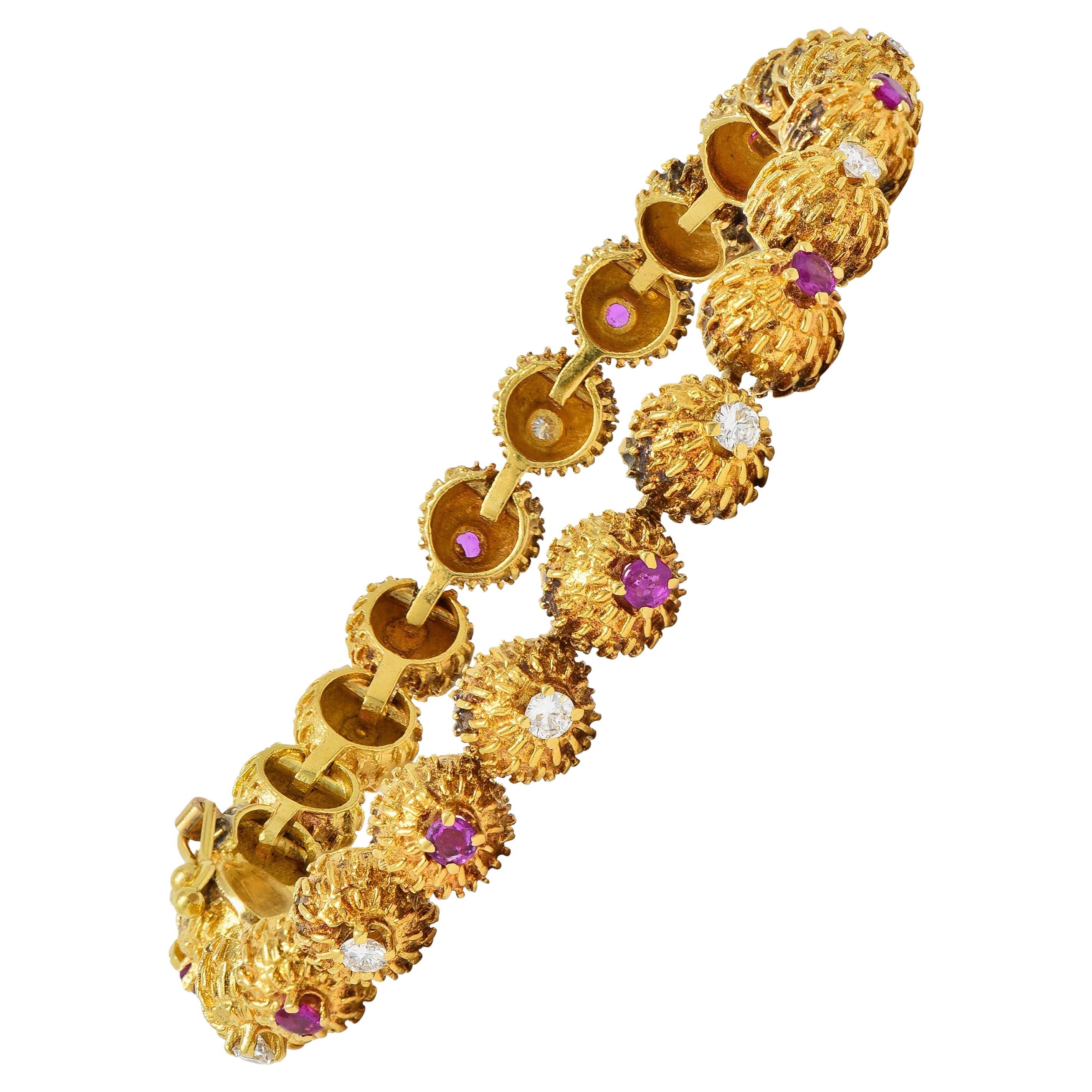 Tiffany & Co. Mid-Century Diamond Ruby 18 Karat Gold Vintage Cactus Bracelet For Sale
