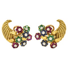 Tiffany & Co. Mid-Century Diamond Ruby Emerald 18 Karat Gold Cornucopia Earrings