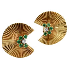 Tiffany & Co. Mid-Century George Schuler Emerald & Diamond 18K Gold Fan Earrings