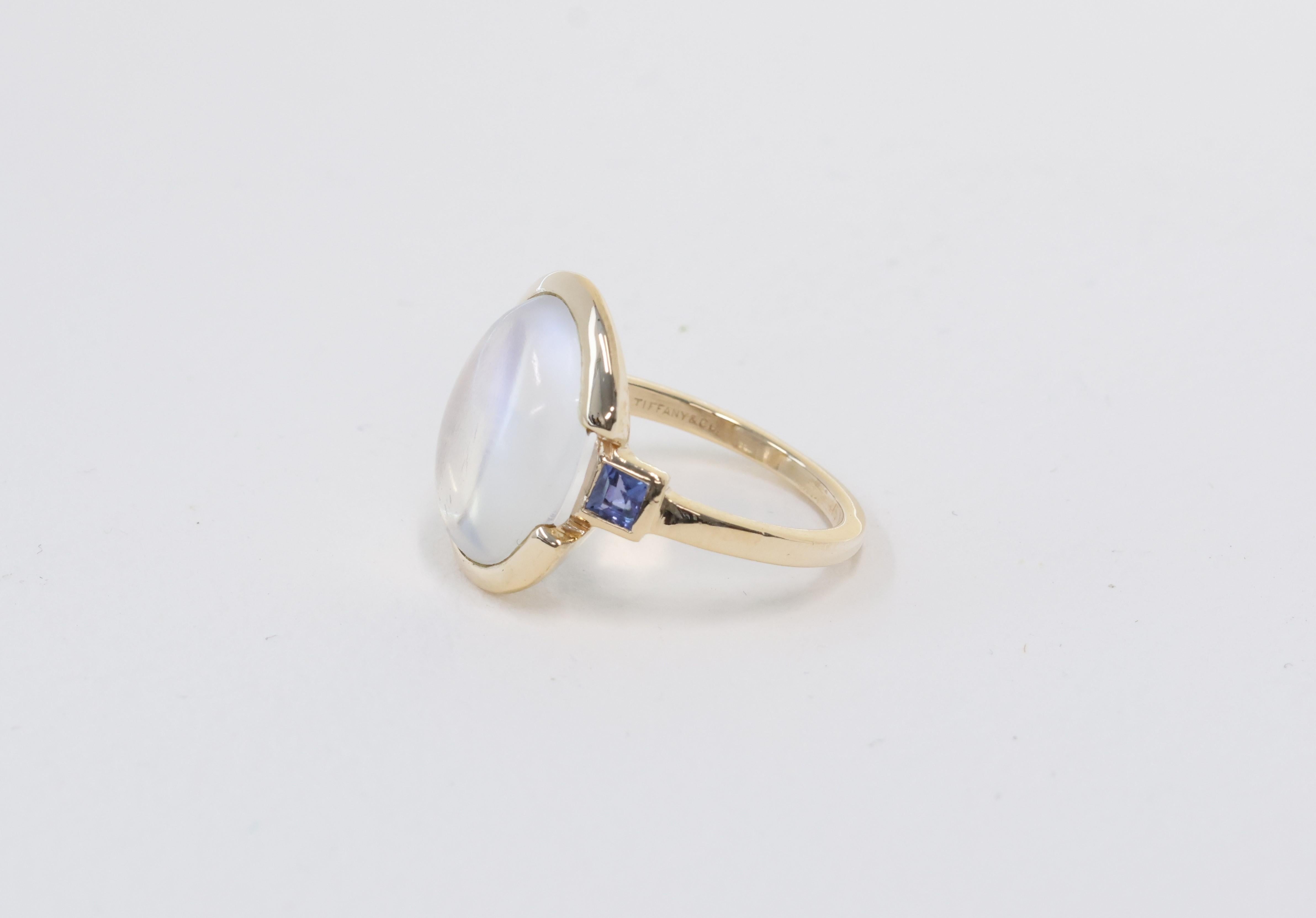 Cabochon Tiffany & Co. Mid Century Moonstone and Sapphire Gold Ring  For Sale