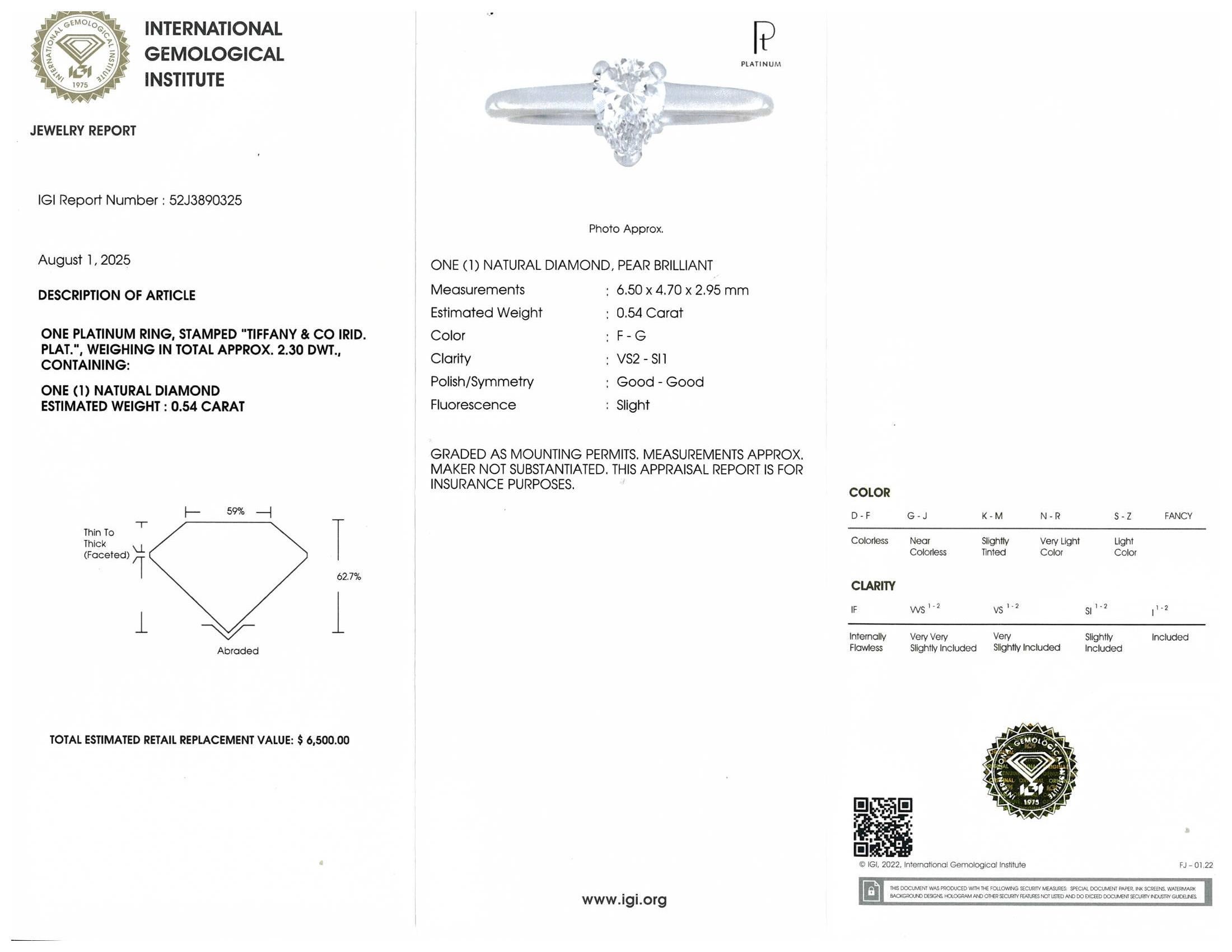 Tiffany & Co. Anello di fidanzamento in platino di metà secolo con diamante a forma di pera da 0,54 carati in vendita 2