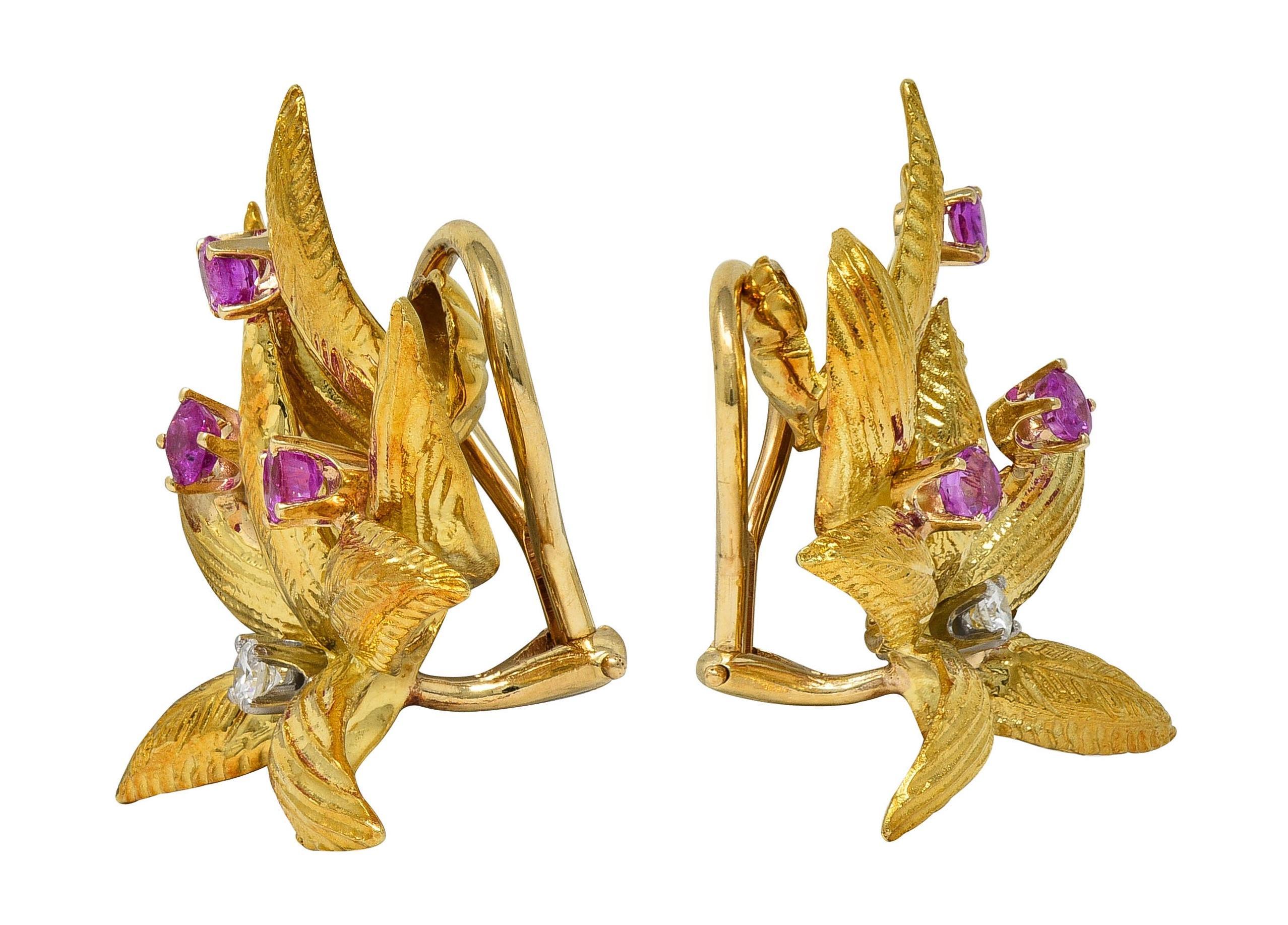 Round Cut Tiffany & Co. Mid-Century Ruby Diamond Platinum 18K Gold Leaf  Vintage Earrings For Sale