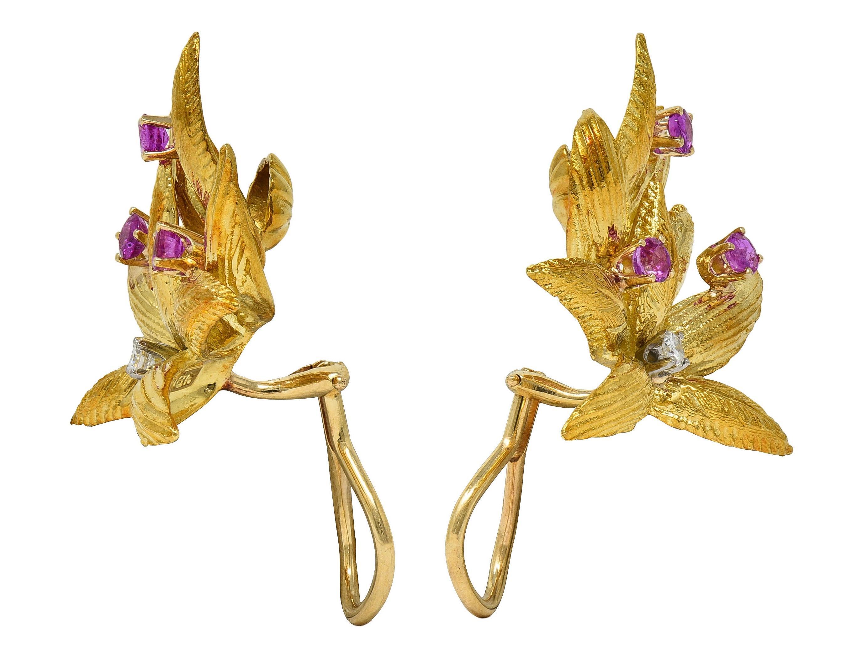 Tiffany & Co. Mid-Century Ruby Diamond Platinum 18K Gold Leaf  Vintage Earrings In Excellent Condition For Sale In Philadelphia, PA