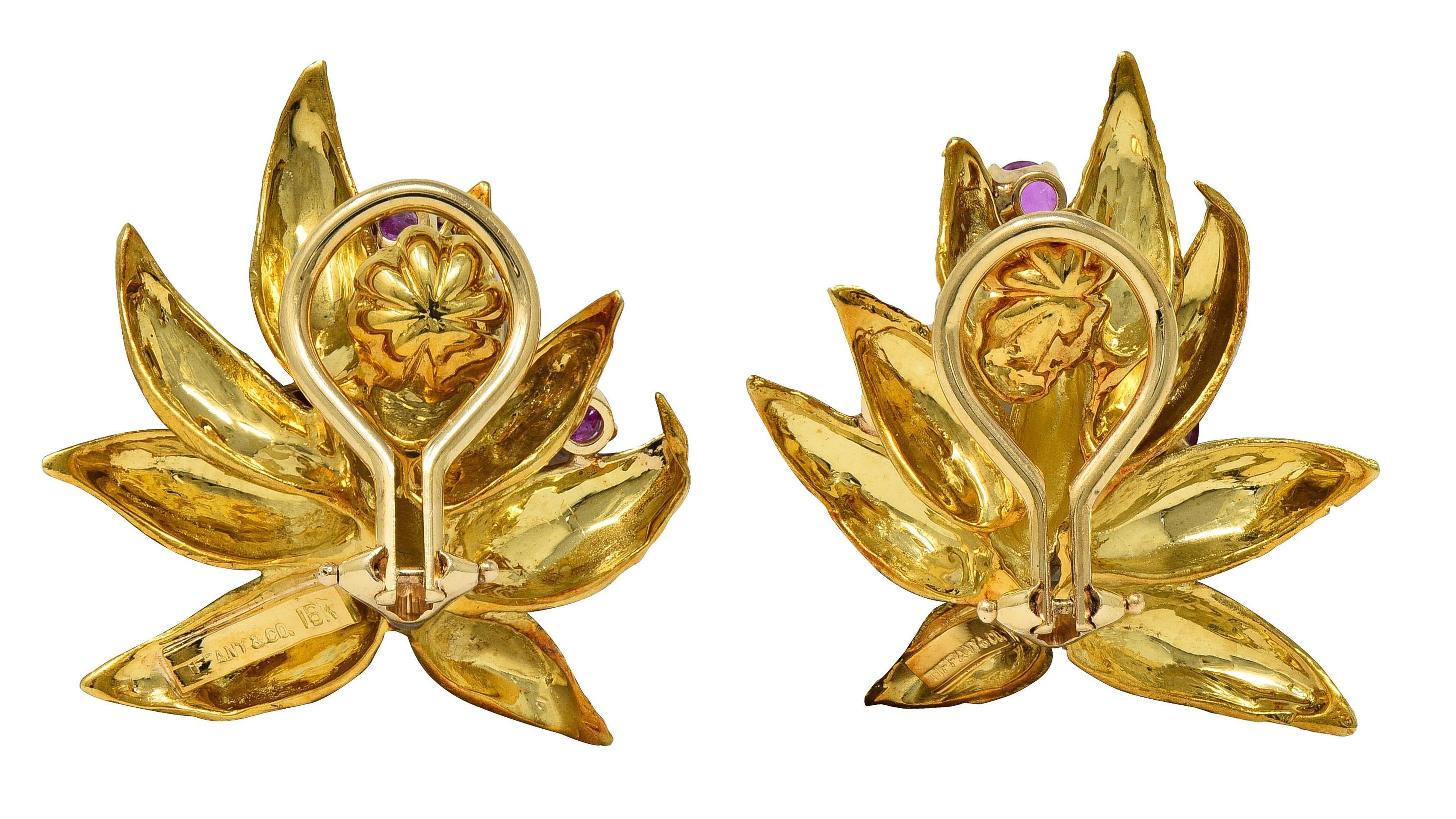 Women's or Men's Tiffany & Co. Mid-Century Ruby Diamond Platinum 18K Gold Leaf  Vintage Earrings For Sale