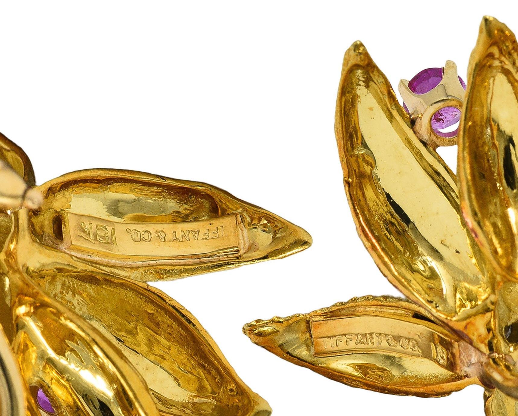 Tiffany & Co. Mid-Century Ruby Diamond Platinum 18K Gold Leaf  Vintage Earrings For Sale 1