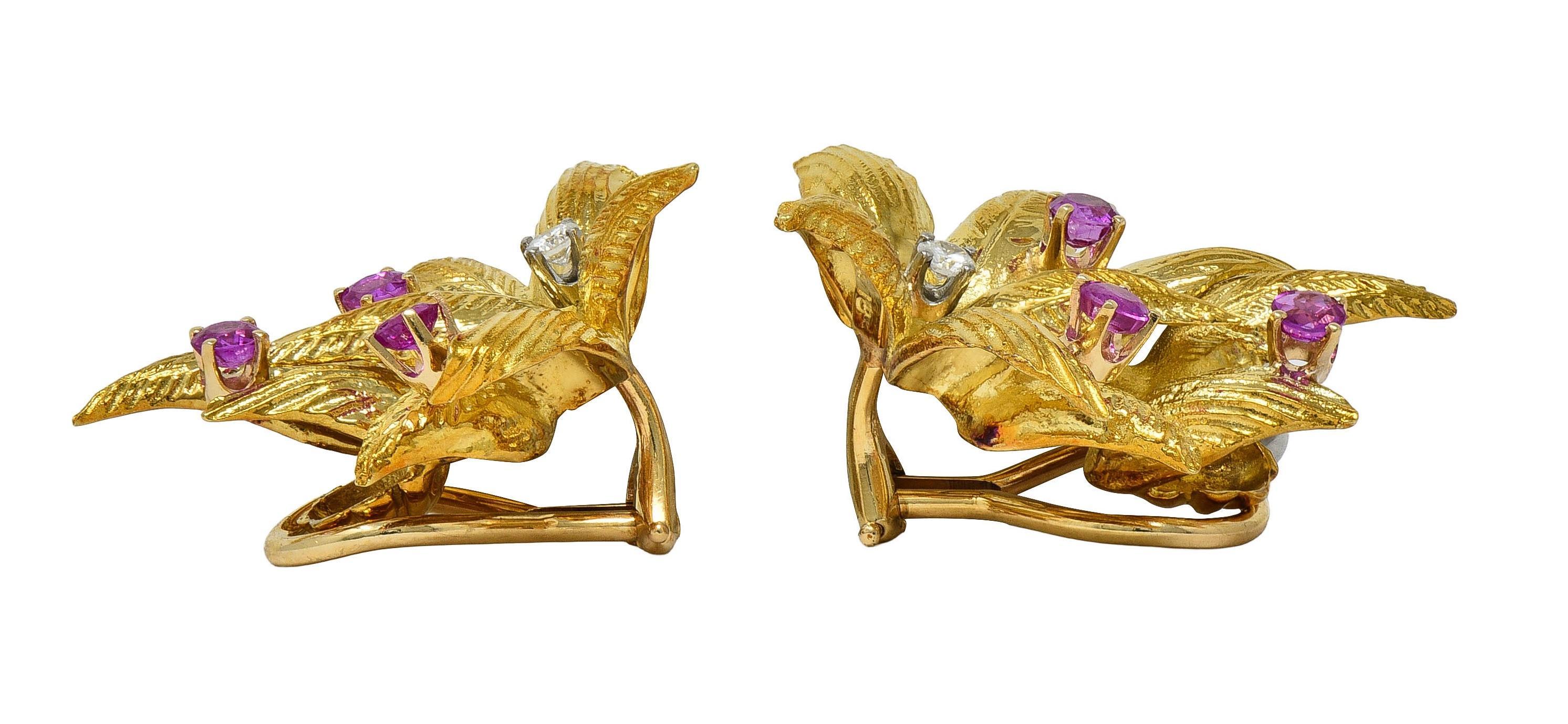 Tiffany & Co. Mid-Century Ruby Diamond Platinum 18K Gold Leaf  Vintage Earrings For Sale 2