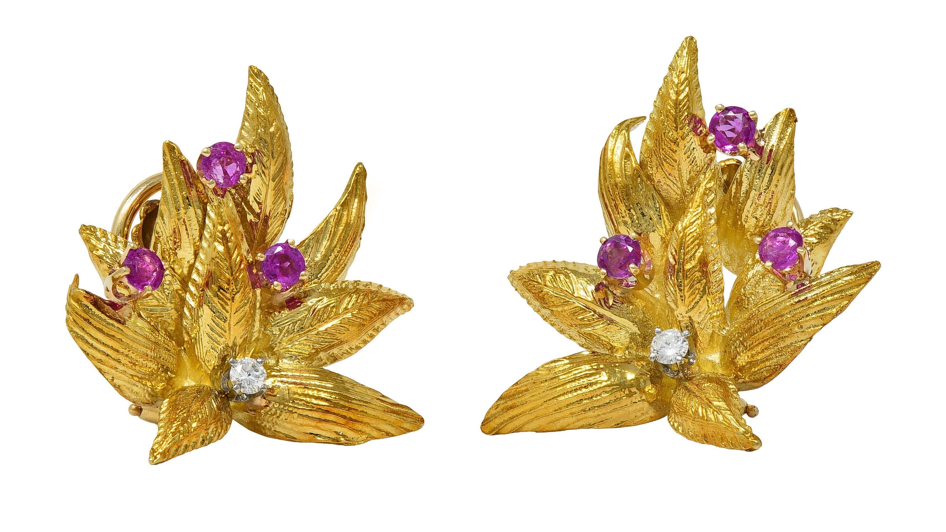 Tiffany & Co. Mid-Century Ruby Diamond Platinum 18K Gold Leaf  Vintage Earrings For Sale 3