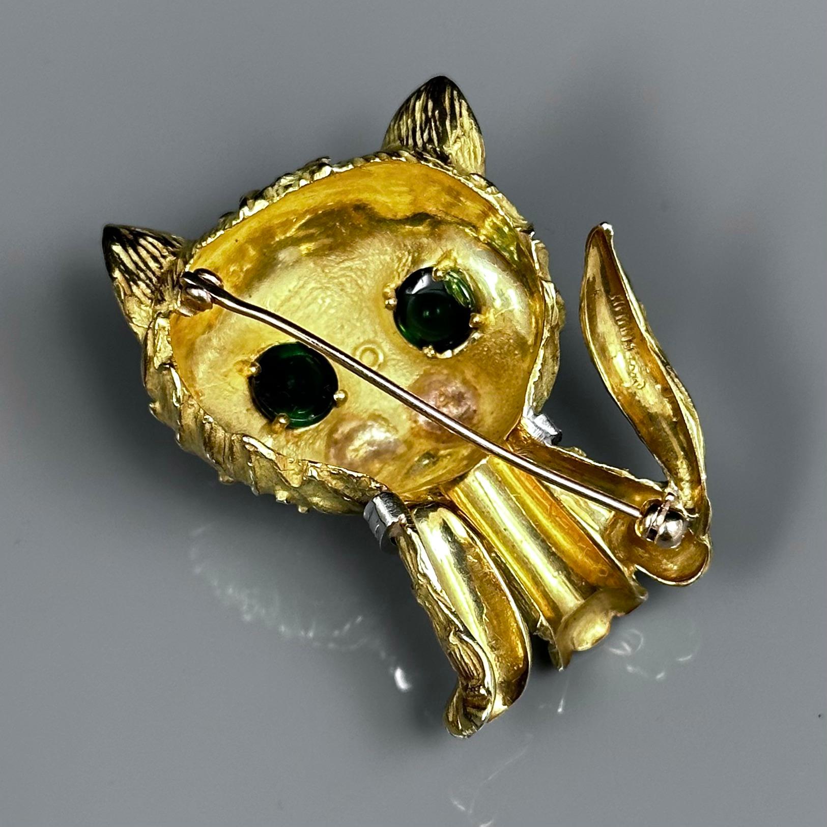 Tiffany & Co. Mid-Century Tourmaline Coral Diamond Kitty Cat Brooch Yellow Gold For Sale 4