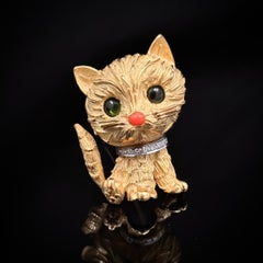 Tiffany & Co. Broche Kitty Cat du milieu du siècle en or jaune, tourmaline, corail et diamant