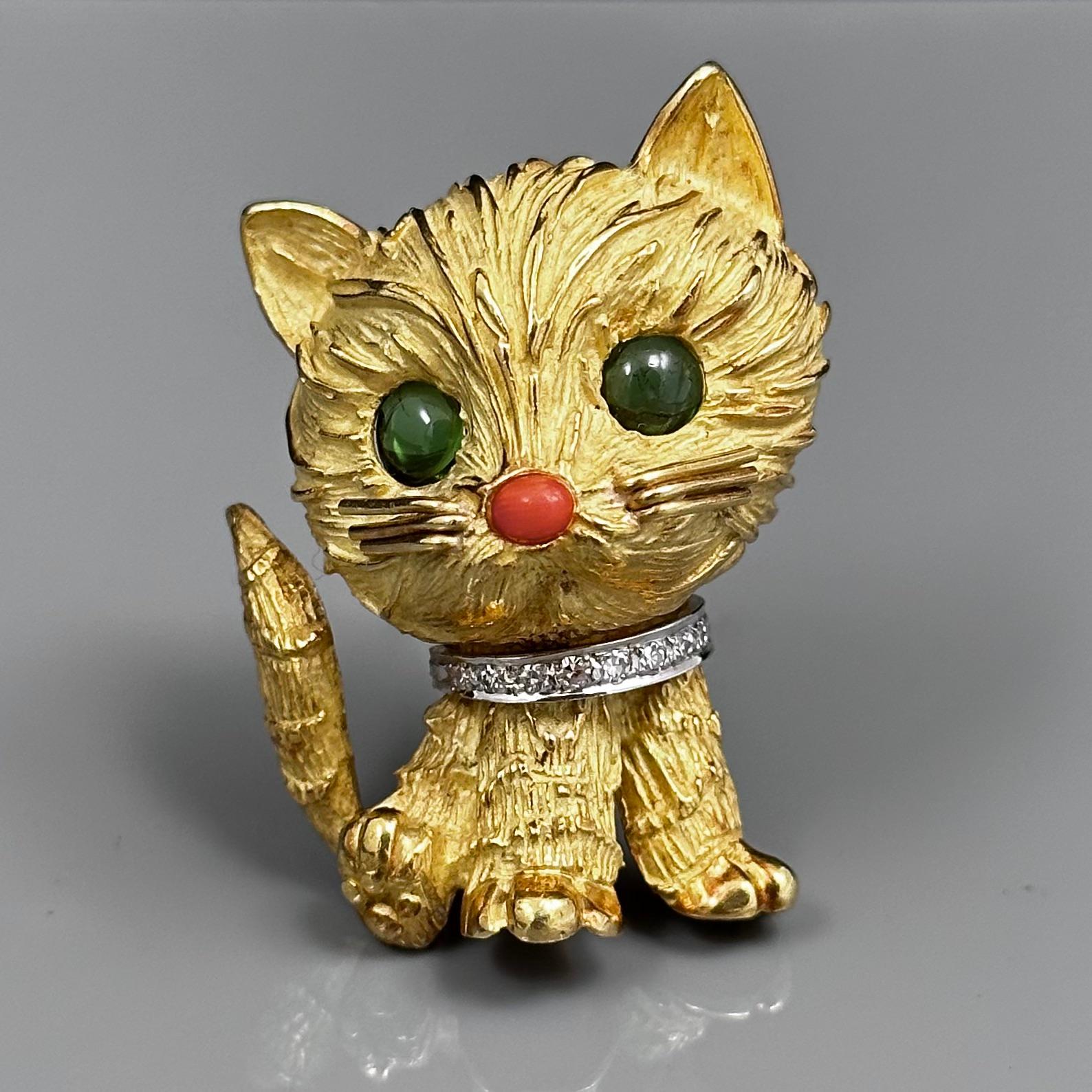 Tiffany & Co. Mid-Century Tourmaline Coral Diamond Kitty Cat Brooch Yellow Gold For Sale 2