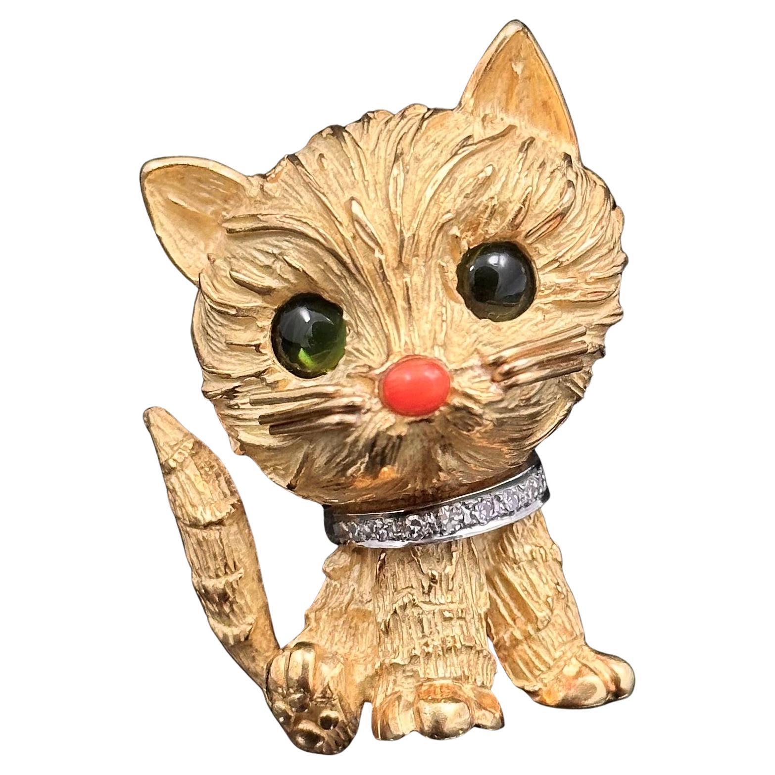 Tiffany & Co. Mid-Century Tourmaline Coral Diamond Kitty Cat Brooch Yellow Gold