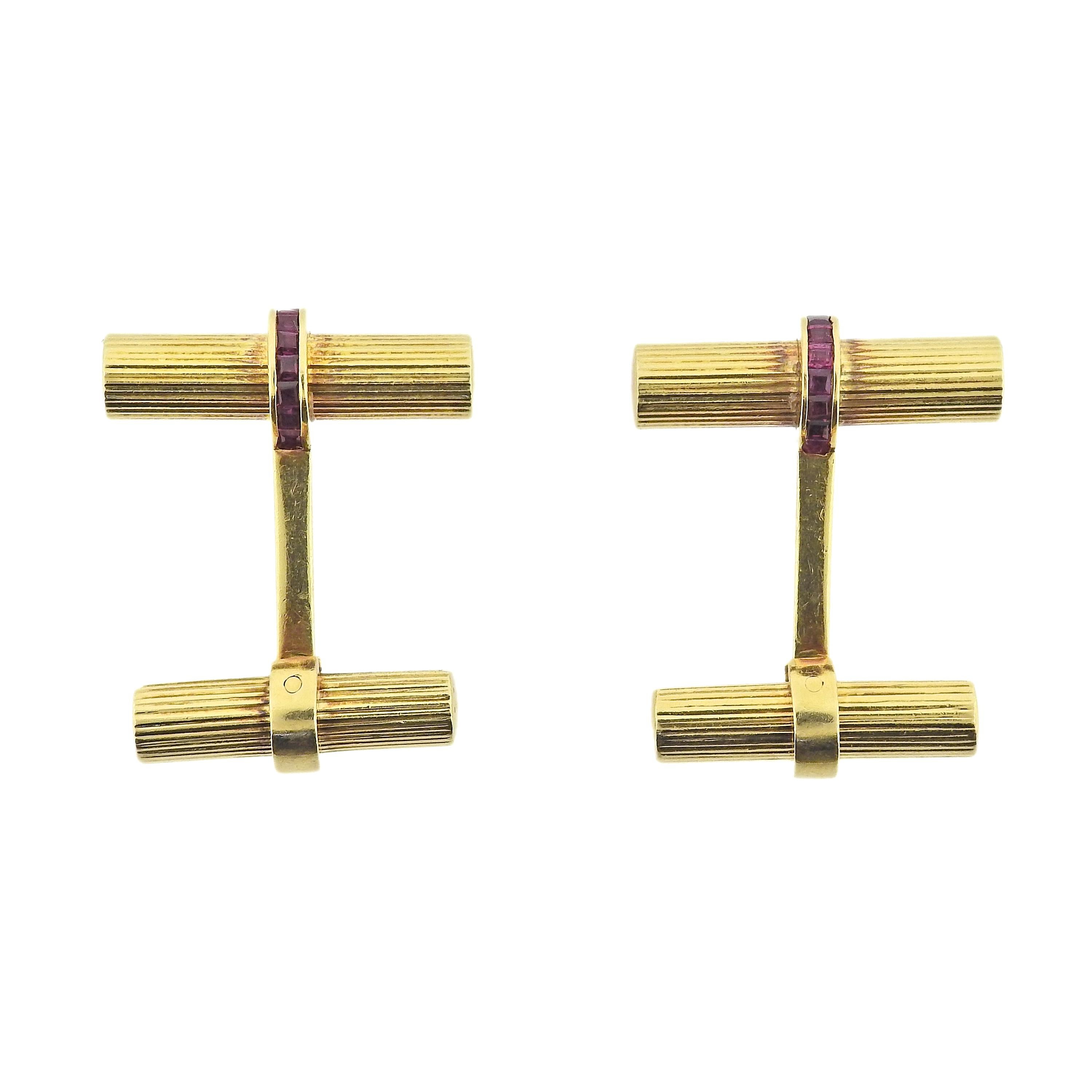 Square Cut Tiffany & Co Midcentury Ruby Gold Bar Cufflinks For Sale