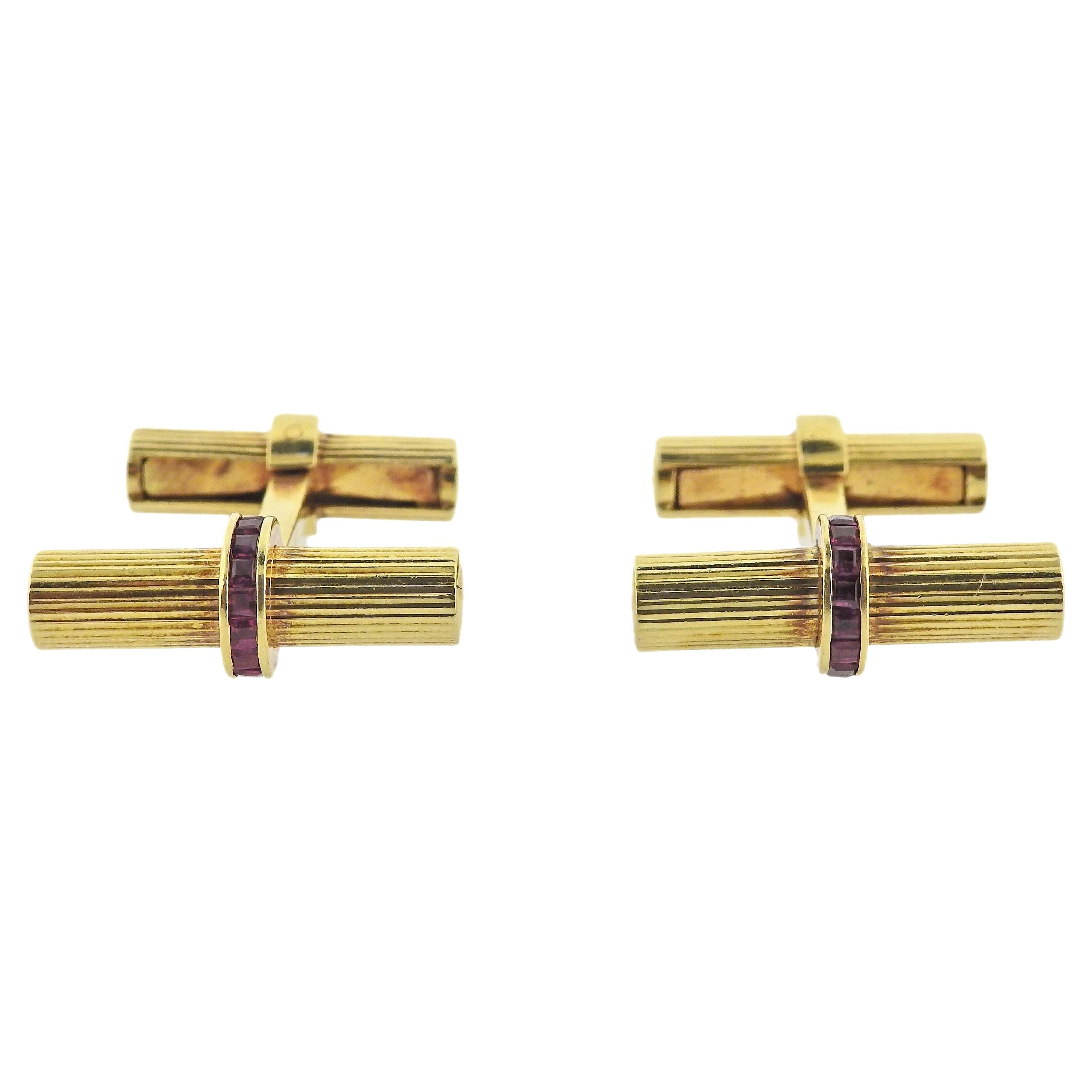 Tiffany & Co Midcentury Ruby Gold Bar Cufflinks For Sale