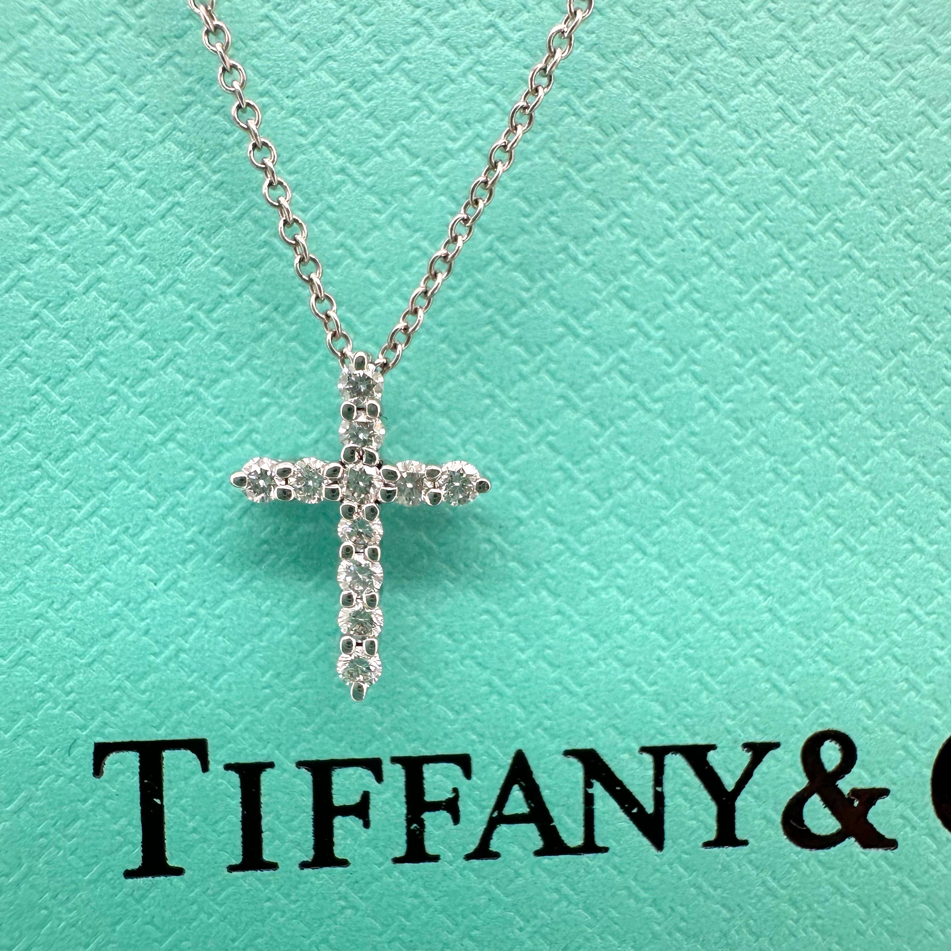 Round Cut Tiffany & Co. Mini Diamond Cross Pendant in Platinum