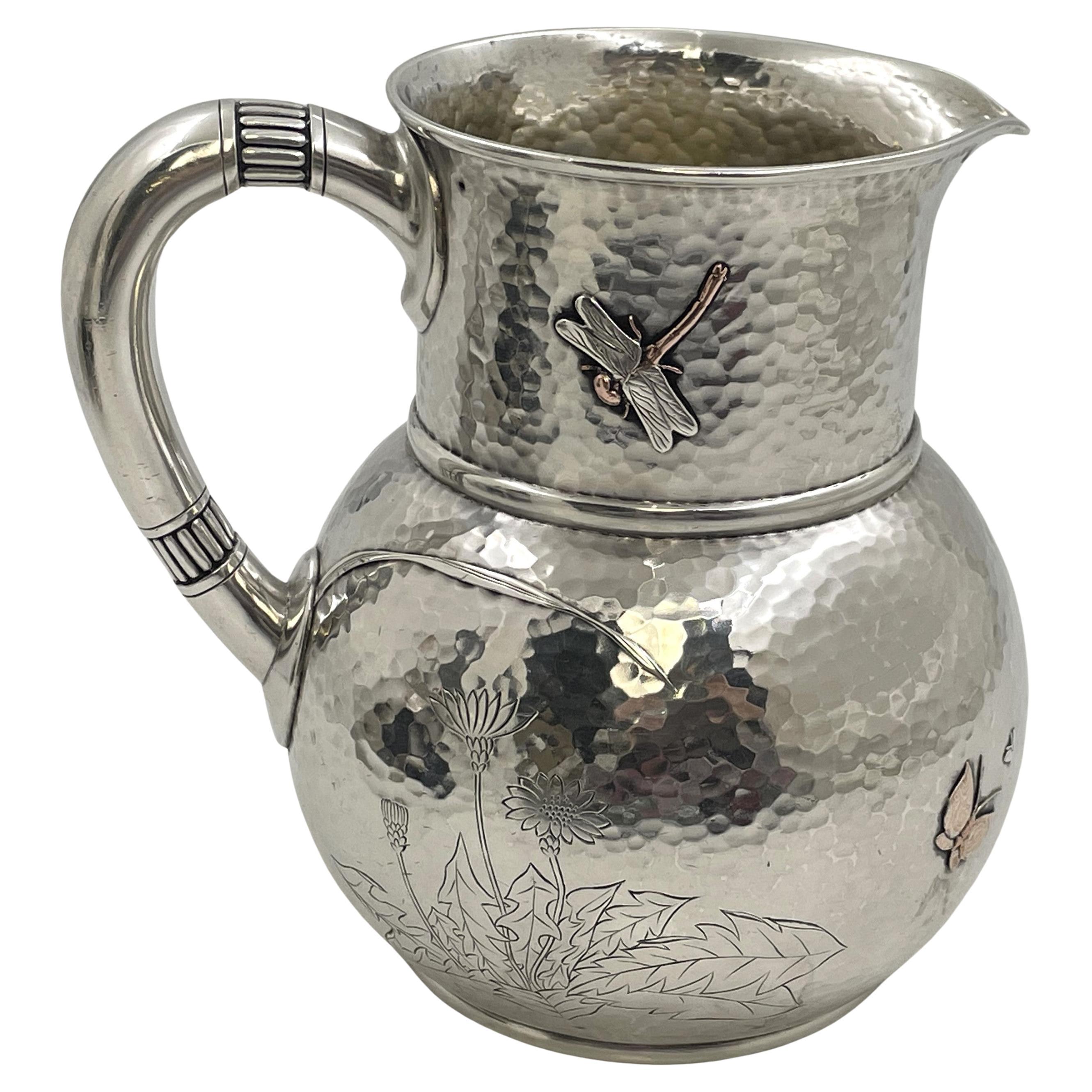 Tiffany & Co. Mixed Metal and Sterling Silver 1870s Pitcher in Japonesque Style