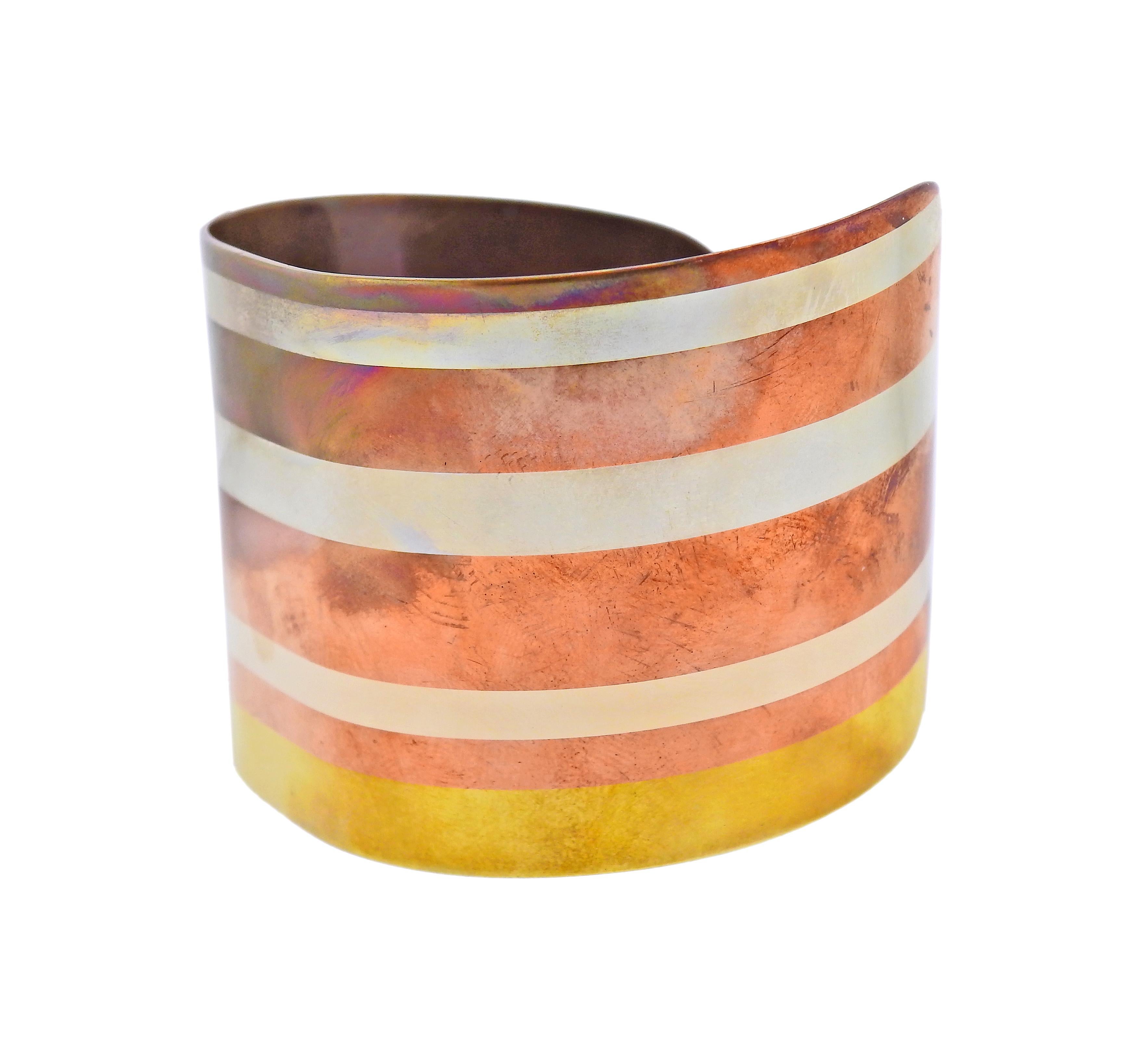 Tiffany & Co inlay mixed metal cuff bracelet, featuring silver, copper, gold. Bracelet will fit approx. 7