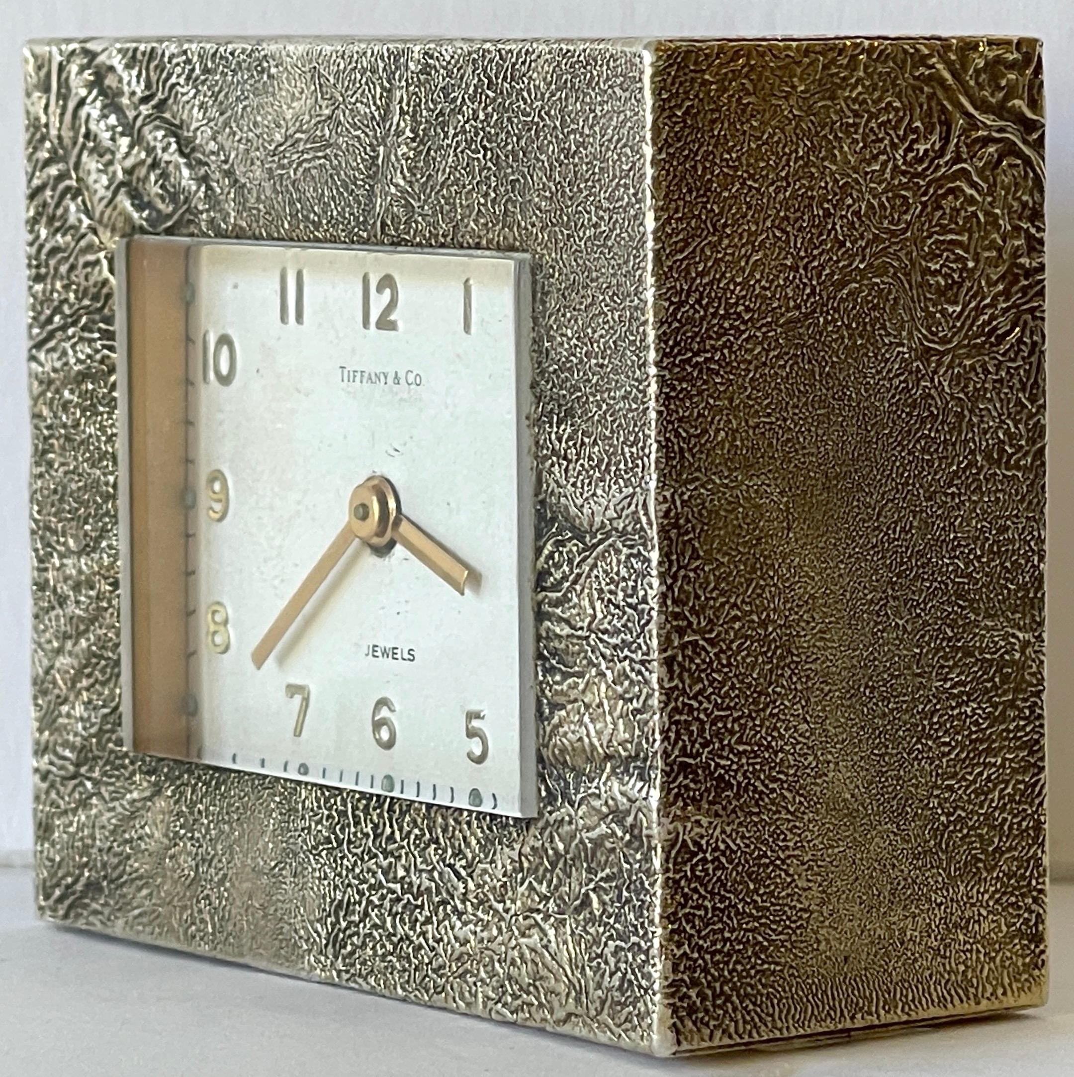 Silvered Tiffany & Co. Modern Cast Bronze 'Rockwork' Table Clock, Swiss Jeweled Movement