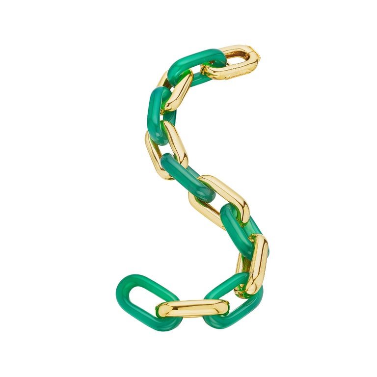 Everyone will be 'green' with envy when you wear this Tiffany & Co. modernist gold and chrysoprase link bracelet.  With six luscious deep green elongated chrysoprase links and six 18 karat yellow gold links, this unusually spirited bracelet is both