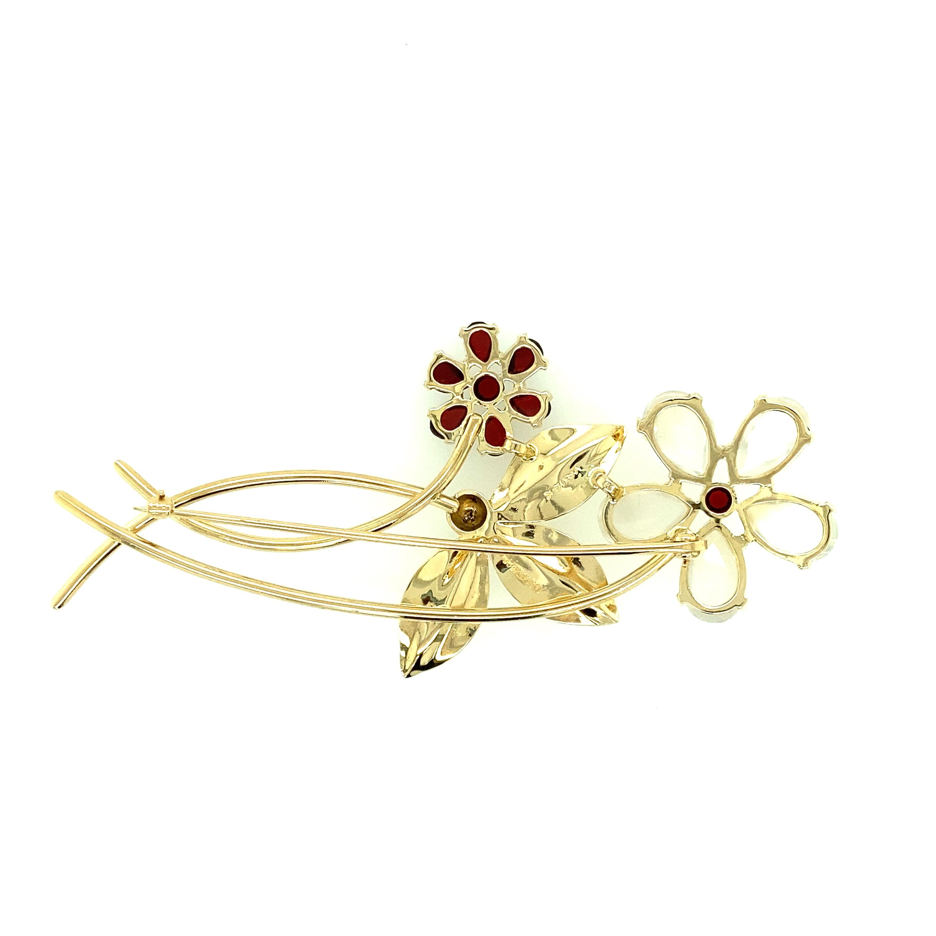 Oval Cut Tiffany & Co. Moonstone and Garnet Flower Pin. 1940s. For Sale