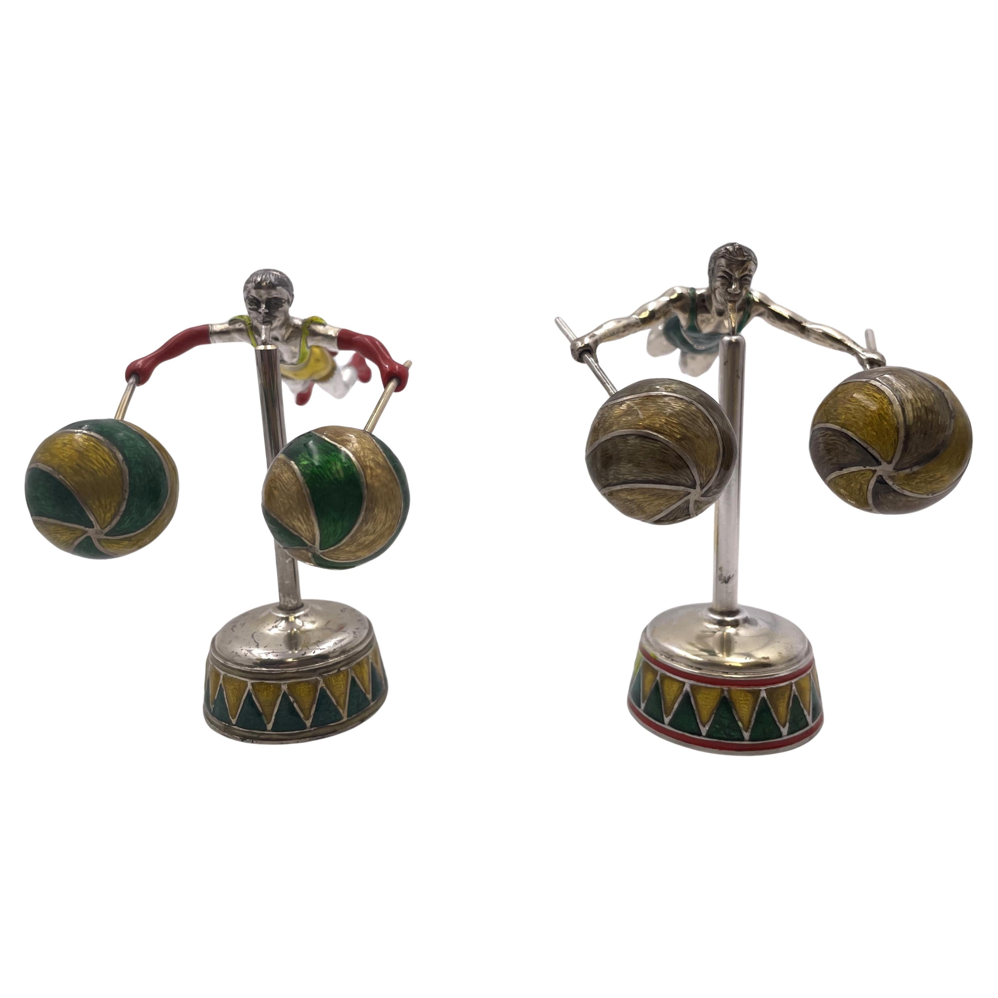 Tiffany & Co. Set di 2 statuette del circo acrobatico A.A. Moore in argento e smalto