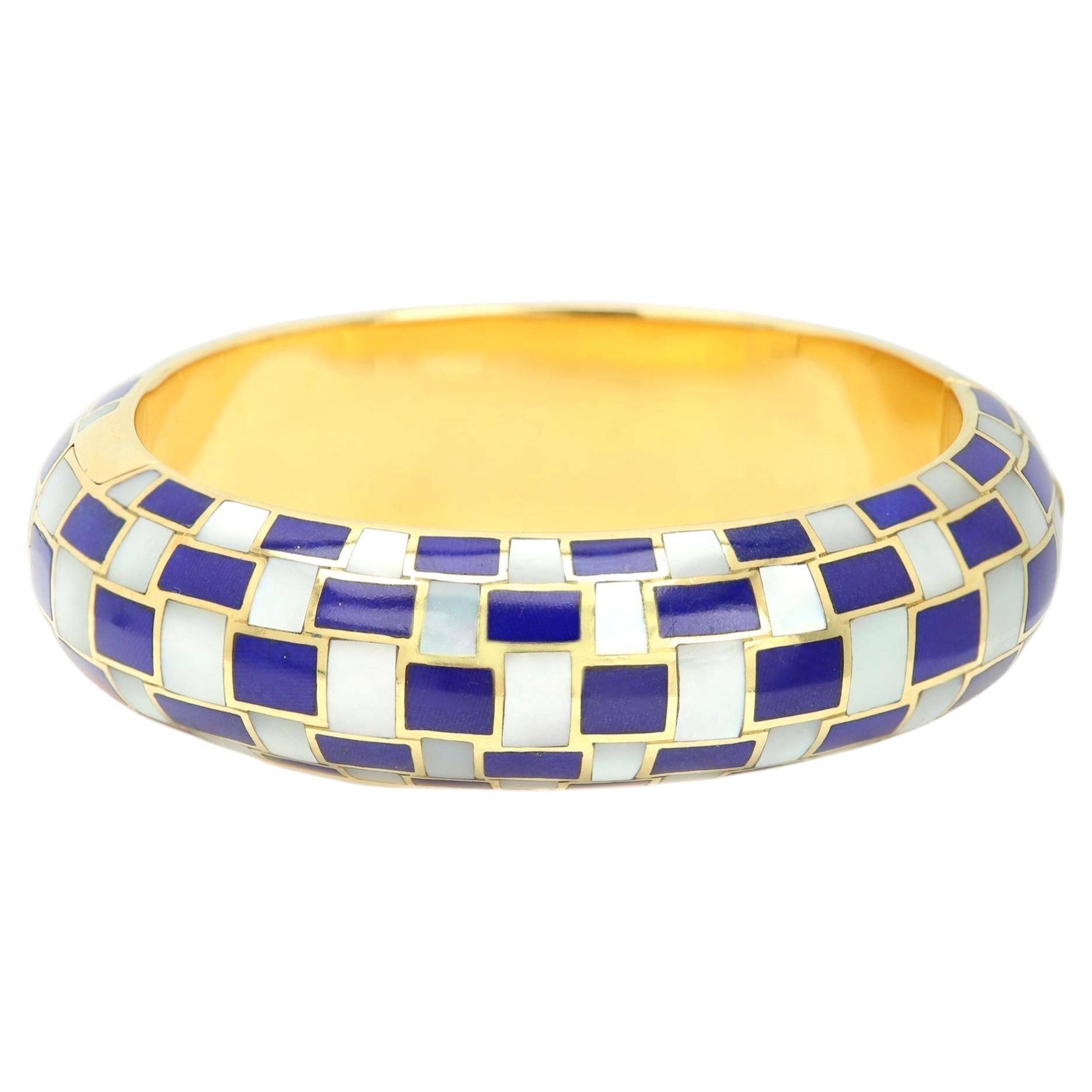 Tiffany & Co Mosaic Style Inlay Lapis Mother of Pearl Bangle Bracelet 18k Gold For Sale