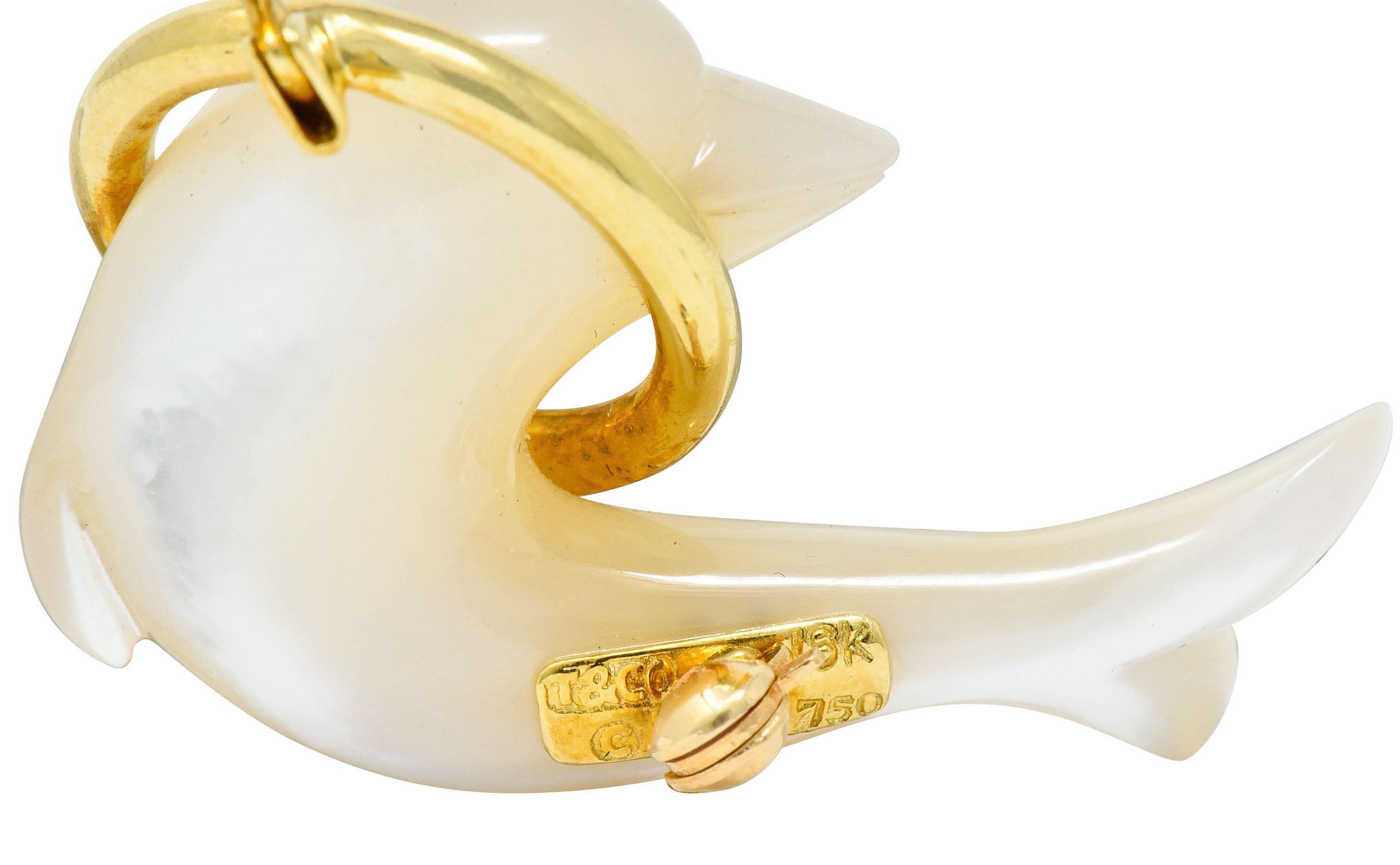Tiffany & Co. Mother of Pearl 18 Karat Gold Dolphin Brooch 3