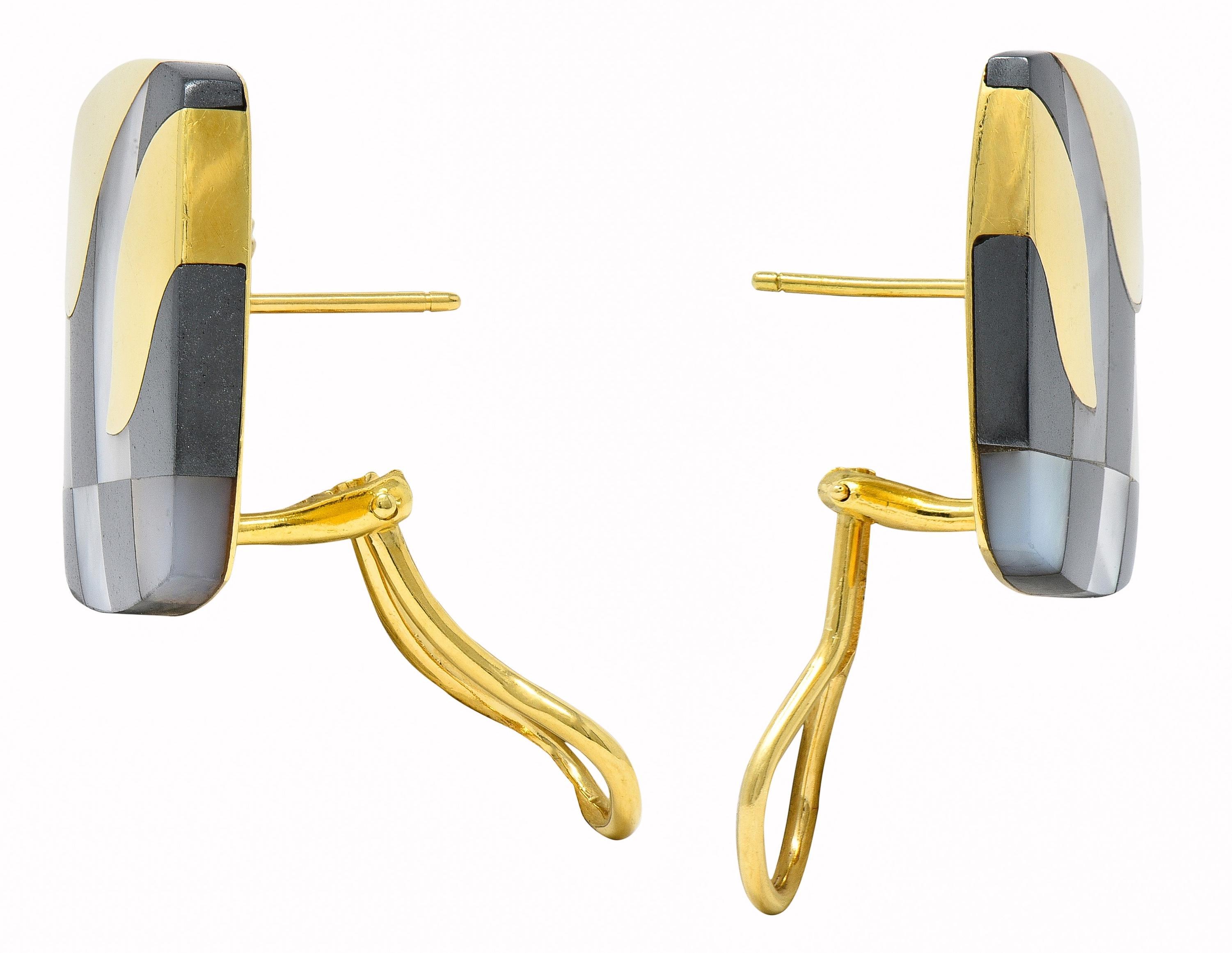 Tiffany & Co. Perlmutt Hämatit 18K Gold Vintage Cushion Inlay Ohrringe im Zustand „Hervorragend“ im Angebot in Philadelphia, PA