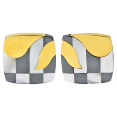 Tiffany & Co. Mother-Of-Pearl Hematite 18K Gold Vintage Cushion Inlay Earrings
