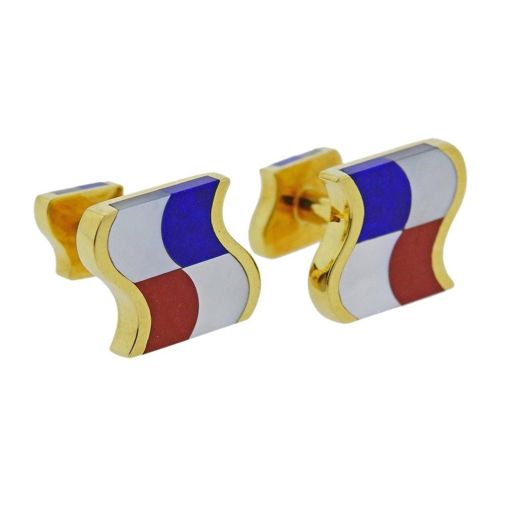 Tiffany & Co. Mother of Pearl Lapis Coral Inlay Gold Cufflinks In Excellent Condition In Lambertville, NJ