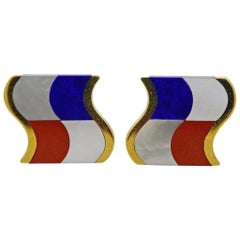Tiffany & Co. Mother of Pearl Lapis Coral Inlay Gold Cufflinks