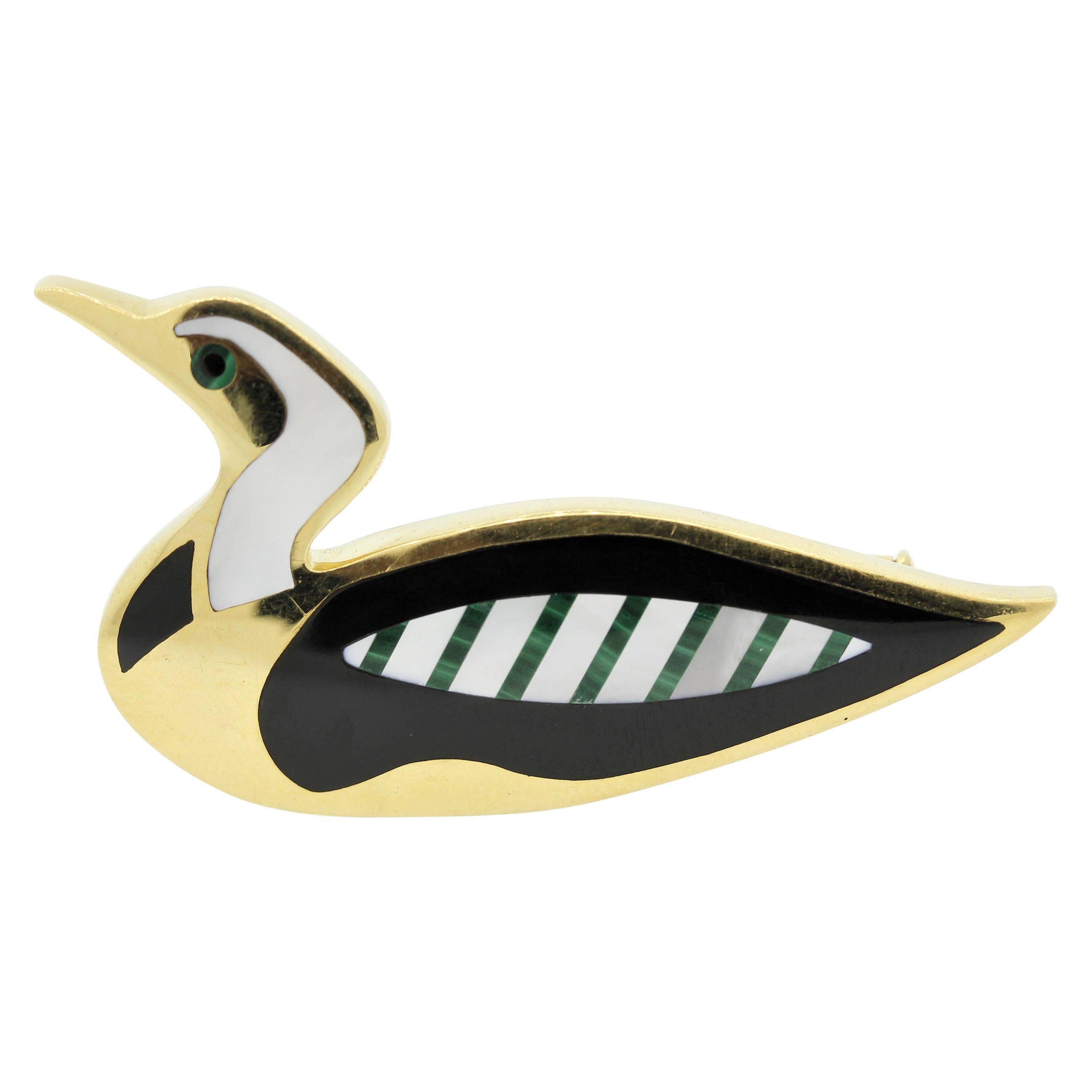 Tiffany & Co. Mother of Pearl Malachite Onyx Inlay Duck Brooch