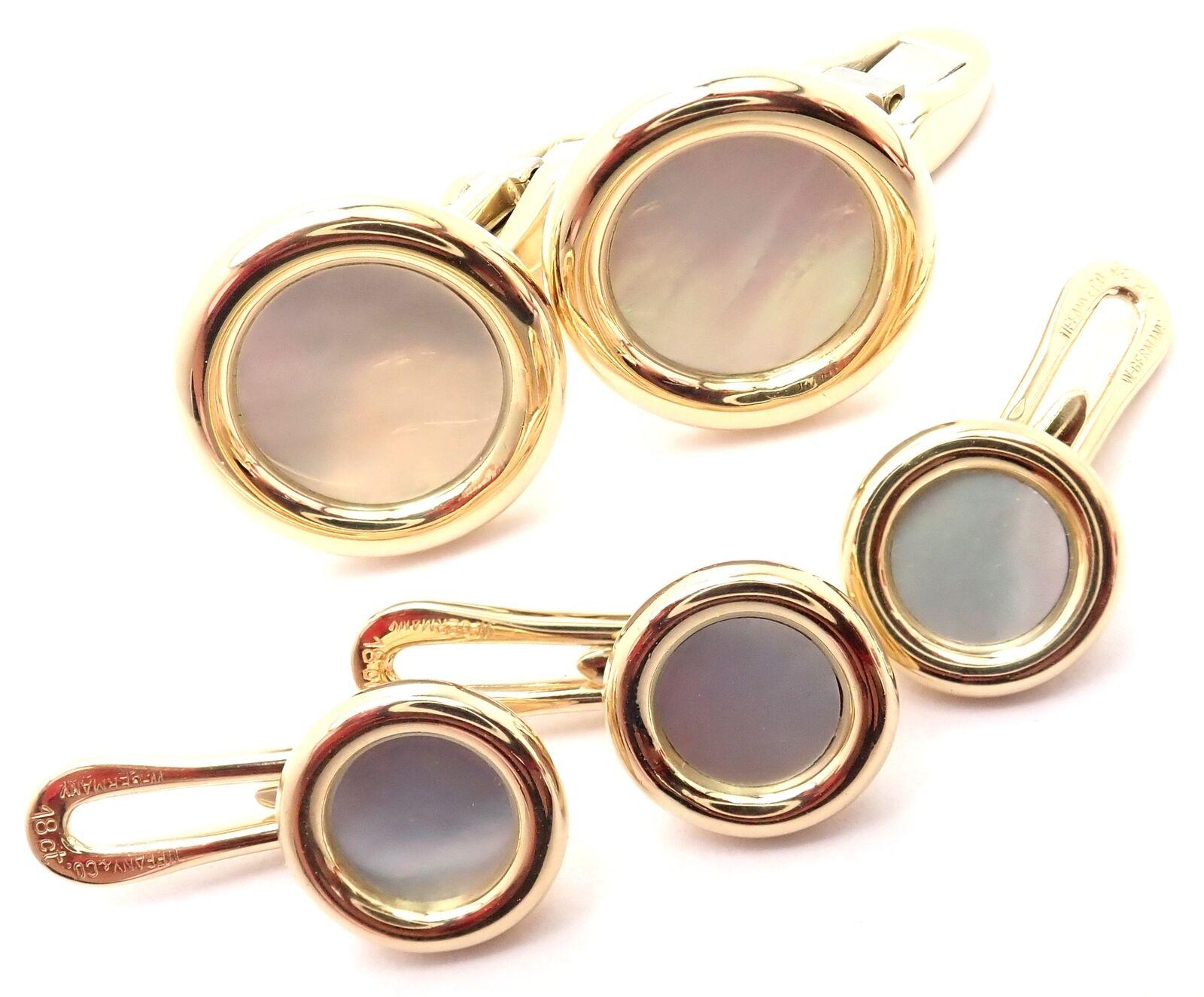 Tiffany & Co Mother Of Pearl Yellow Gold Set Of Cufflinks & Buttons For Sale 2
