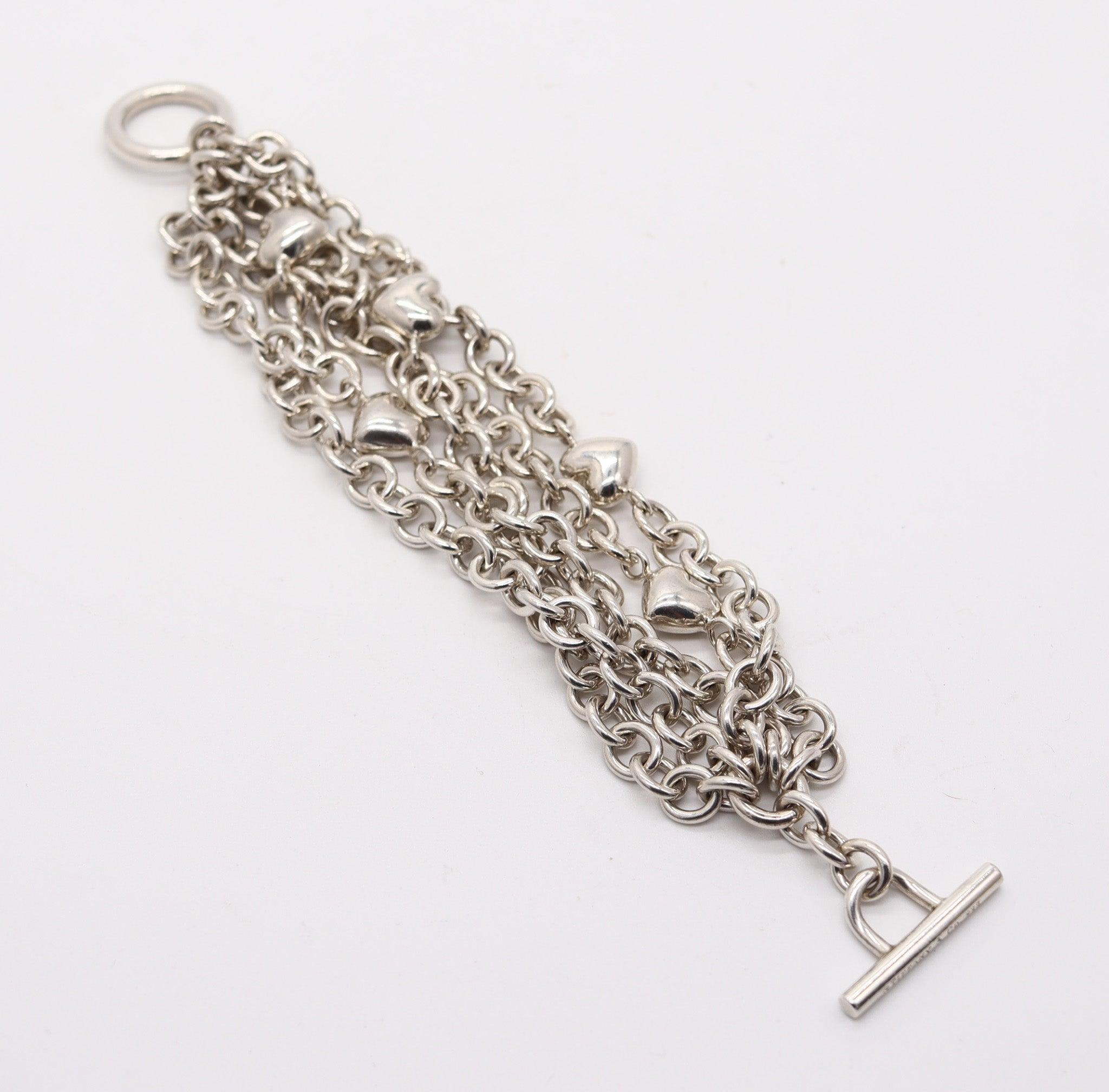 Modernist TIFFANY & CO. Multi Chains Hearts Bracelet In Solid .925 Sterling Silver For Sale