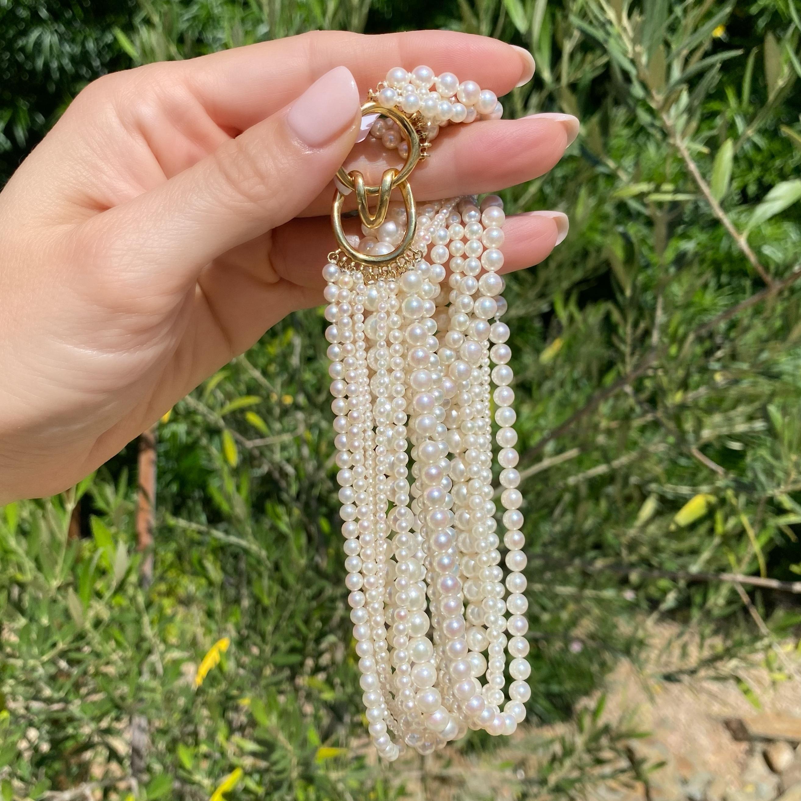 Simply Beautiful! Fine Tiffany & Co. 6.5mm-2.4mm Cultured Pearl 11 Strand Necklace held by an 18K Yellow Gold circular clasp. Approx. length of Necklace: 16”. Signed TIFFANY & CO. and marked 18K.  More Beautiful in real time...A piece you’ll turn to