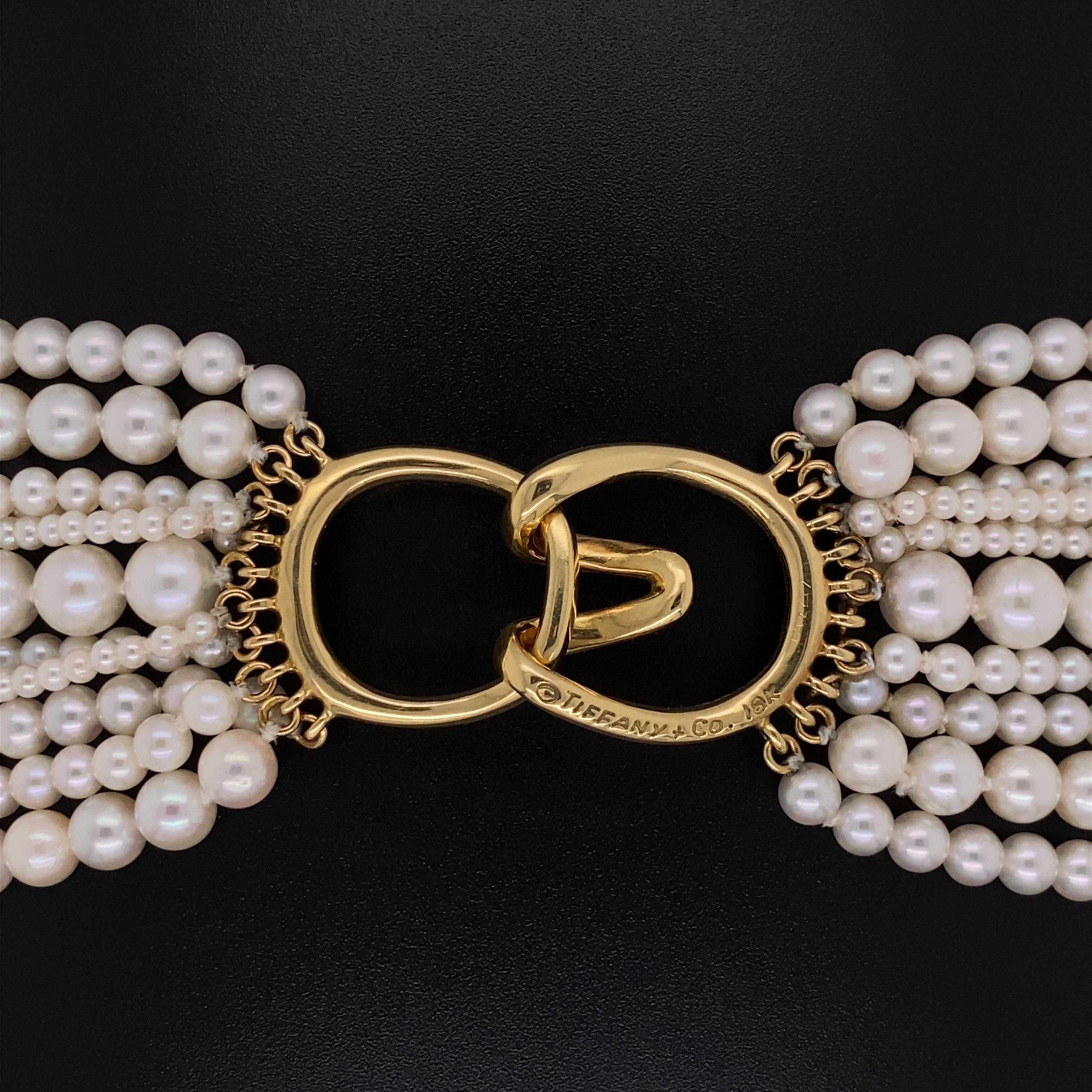 Contemporary Tiffany & Co Multi Strand Cultured Pearl Gold Clasp Necklace Estate Fine Jewelry