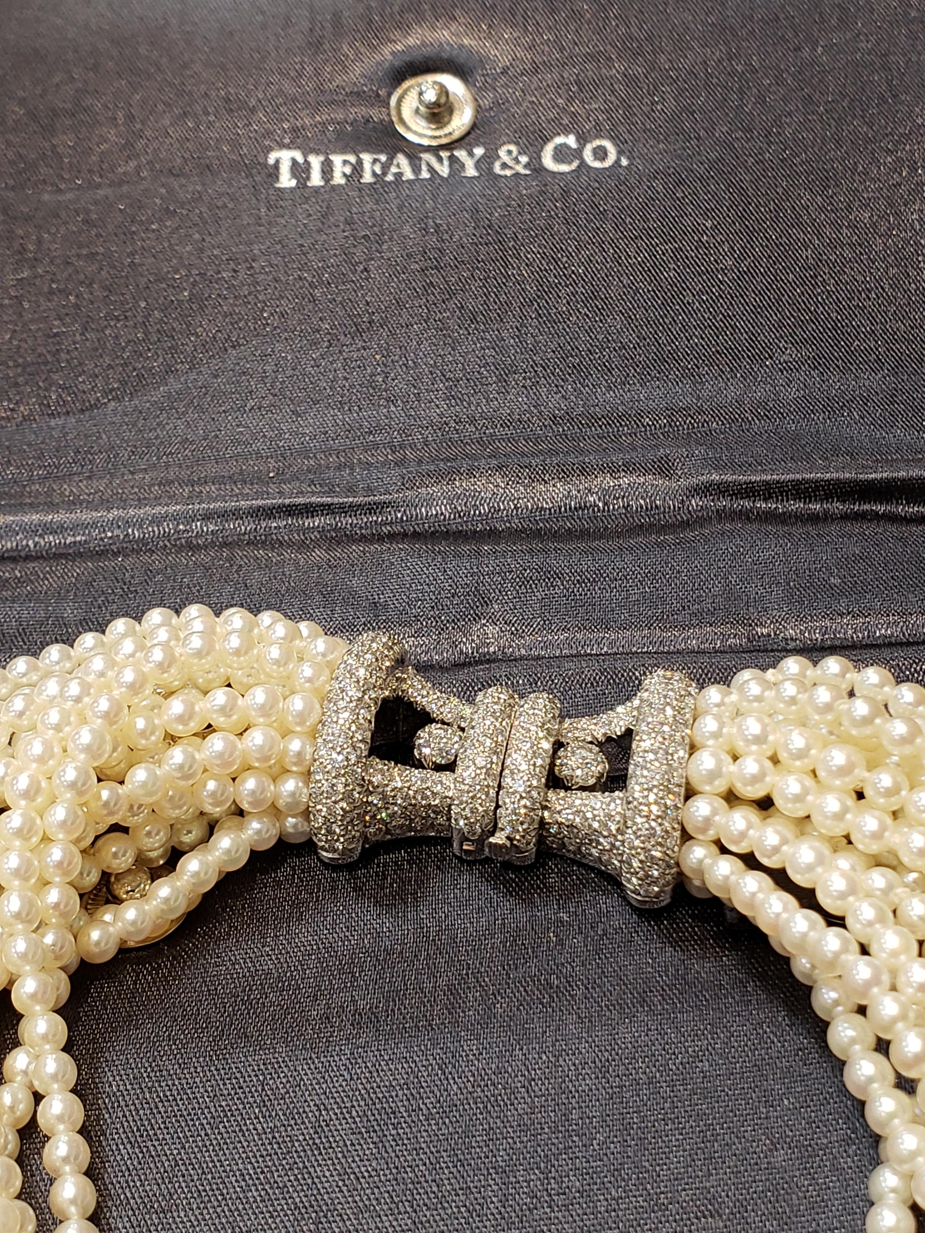 Tiffany & Co. Multi Strand Pearl Choker Necklace with Platinum and Diamond Clasp For Sale 5