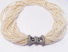 Tiffany & Co. Multi Strand Pearl Choker Necklace with Platinum and Diamond Clasp