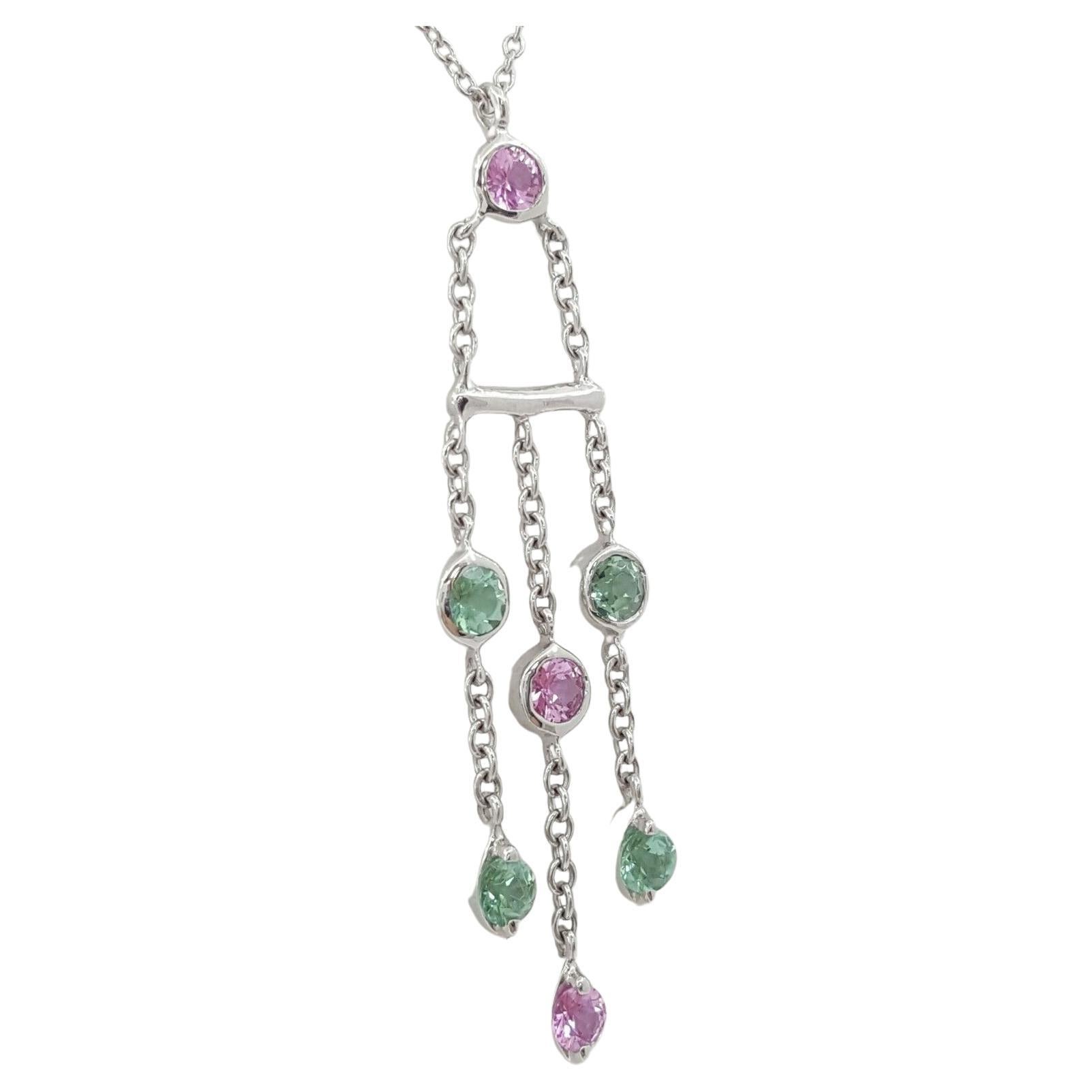 Authentic Tiffany & Co. 18K White Gold 0.80 ct Total Weight Multicolor Round Brilliant Cut Pink Sapphire & Green Tourmaline Fringe Pendant / Necklace 16